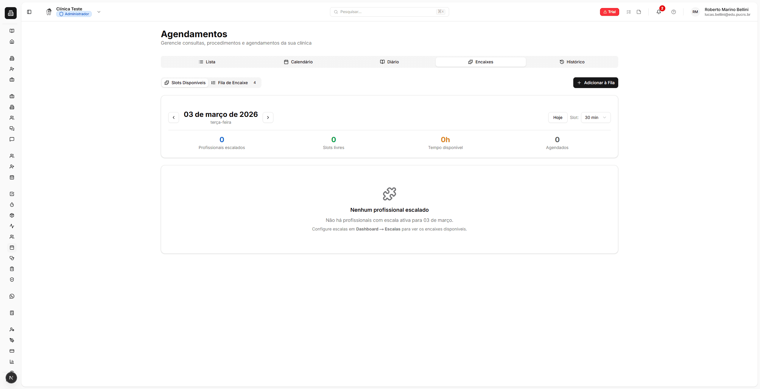 Aba de Encaixes com slots disponíveis e métricas