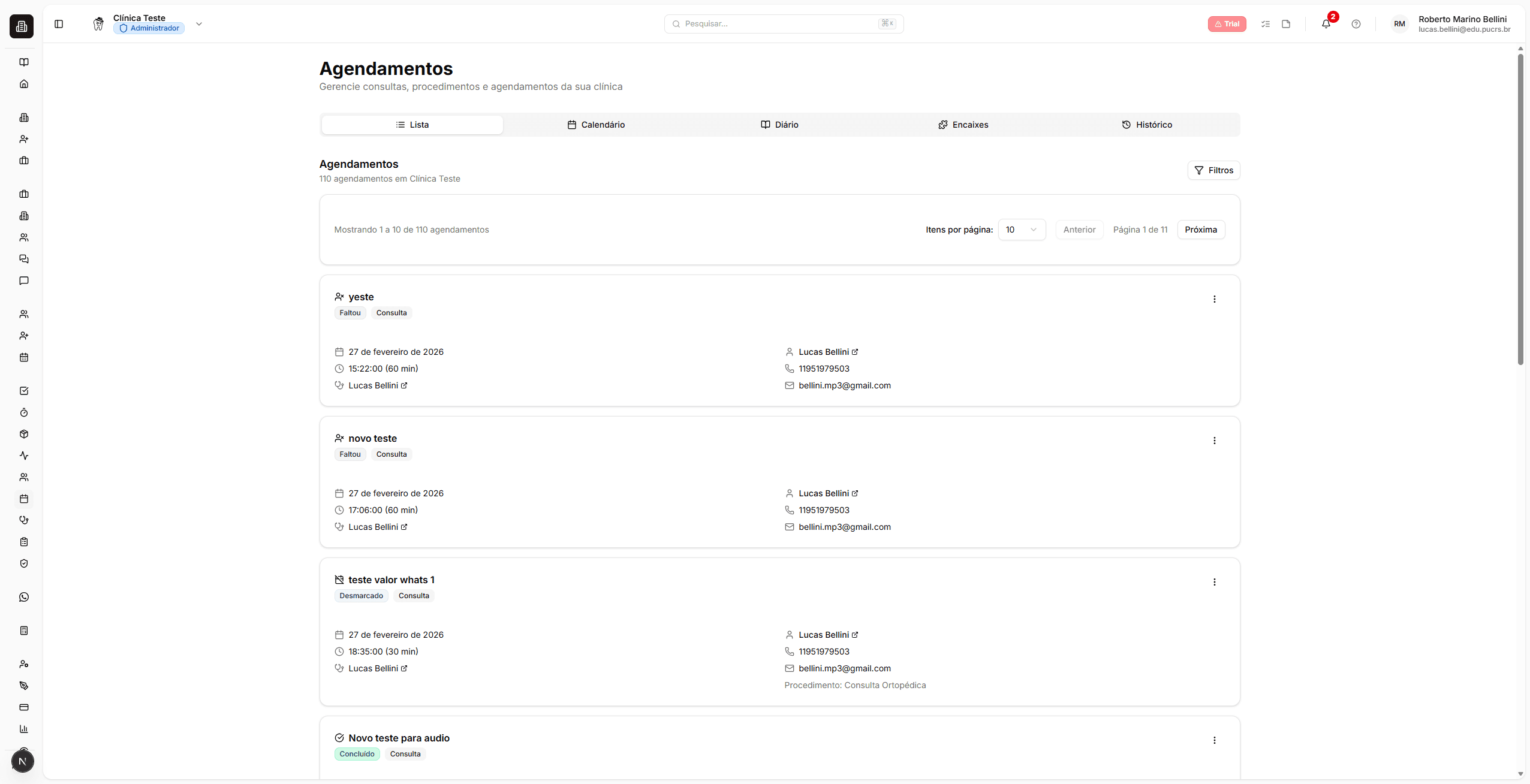 Visão geral da página de Agendamentos — aba Lista com cards de agendamento