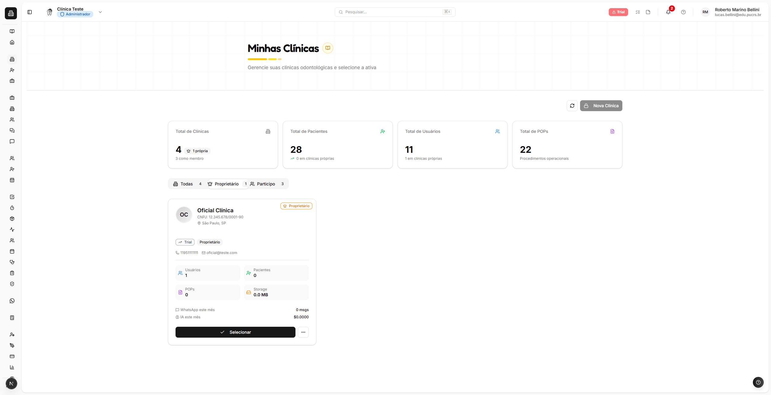 Aba Proprietário mostrando clínicas do owner