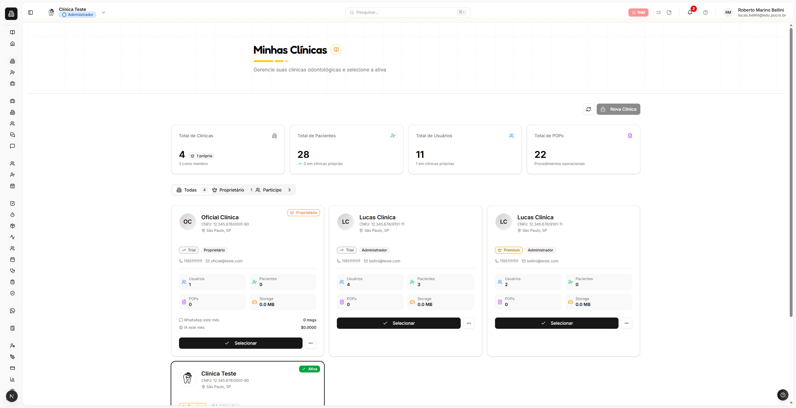 Visão geral da página Minhas Clínicas