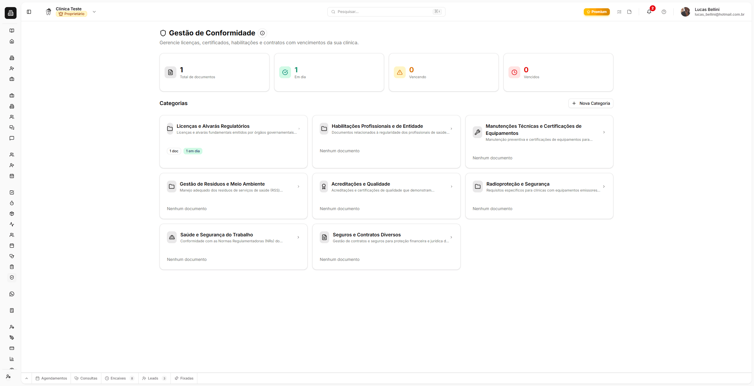 Dashboard de conformidade mostrando cards de categorias com indicadores de status