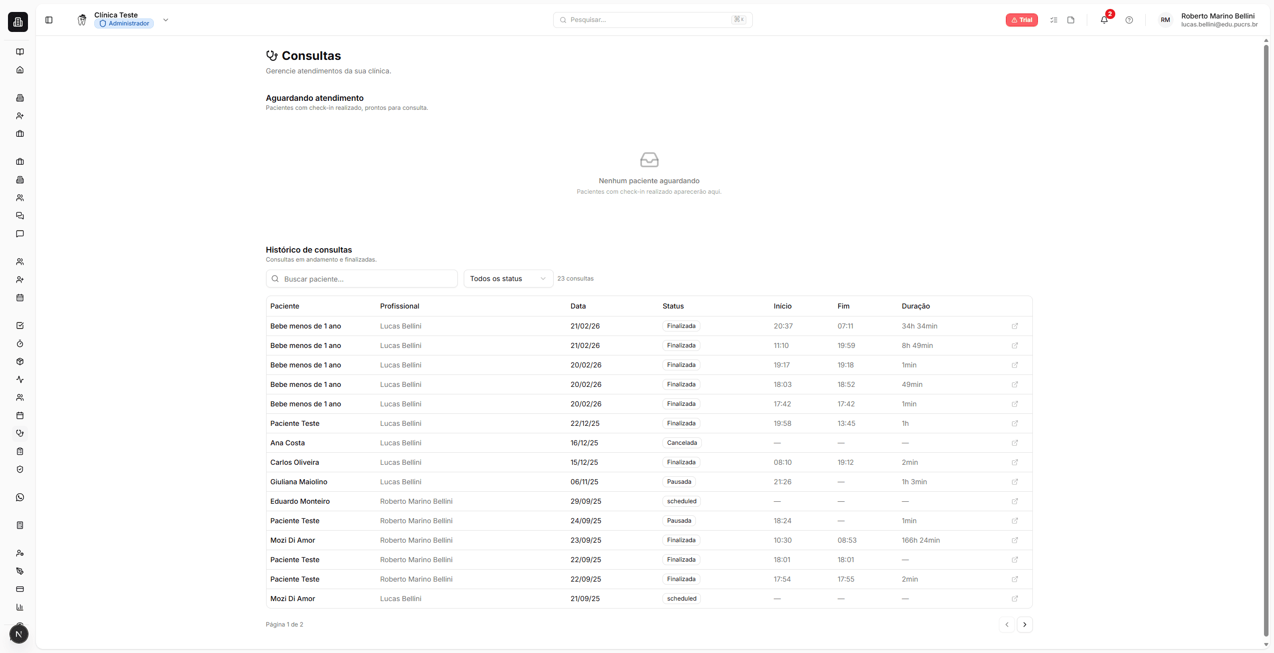 Página de consultas do BlackOpero mostrando fila de espera e tabela de histórico