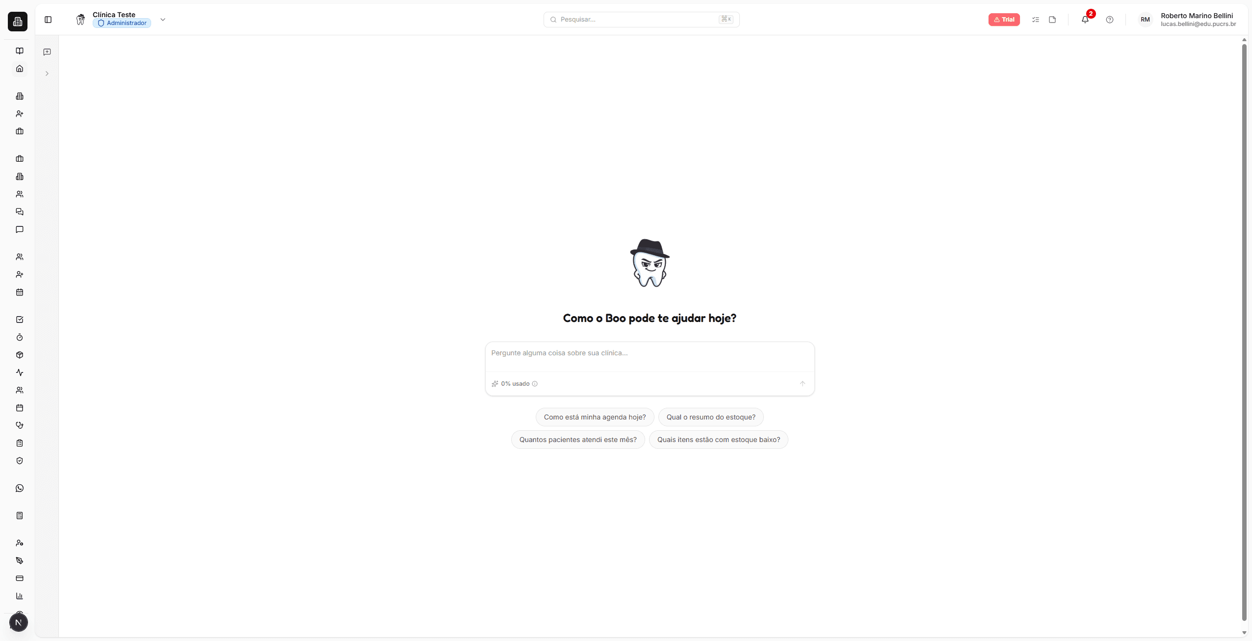 Dashboard do BlackOpero mostrando o assistente IA Boo com campo de chat e sugestões rápidas
