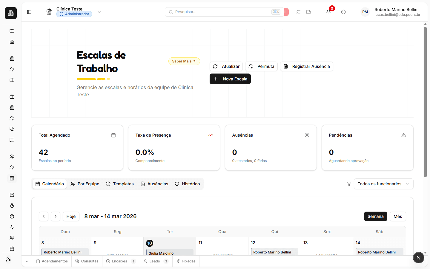 Página de escalas do BlackOpero com calendário mensal