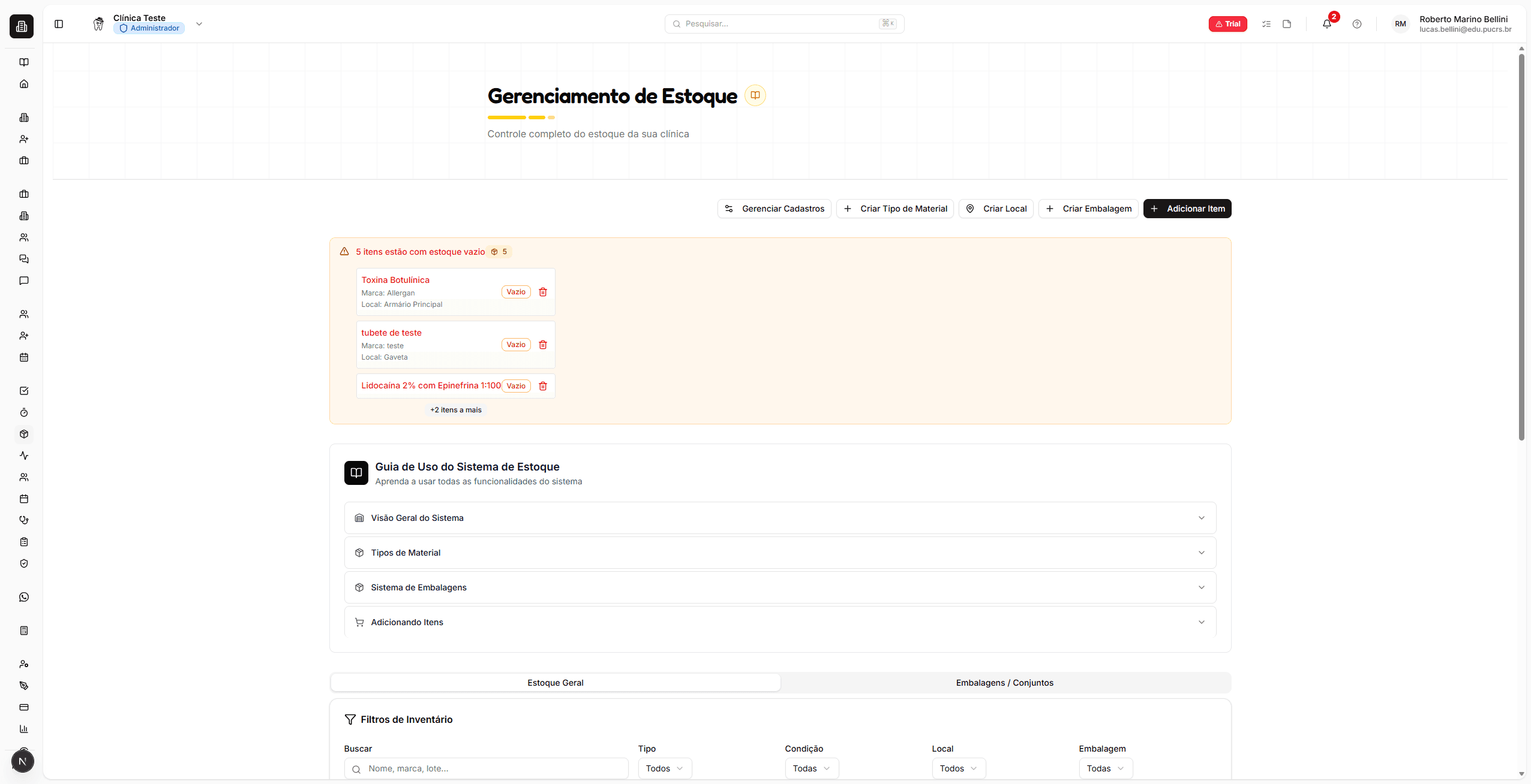 Filtros e tabela de inventário