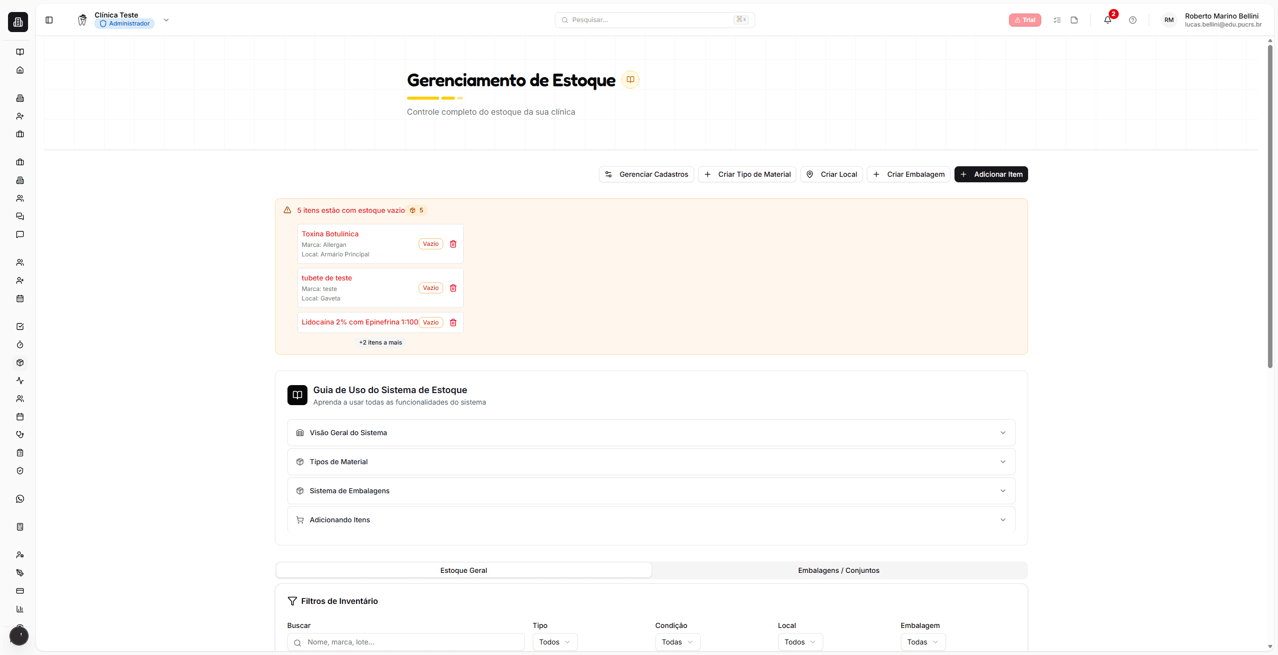 Visão geral da página de Estoque