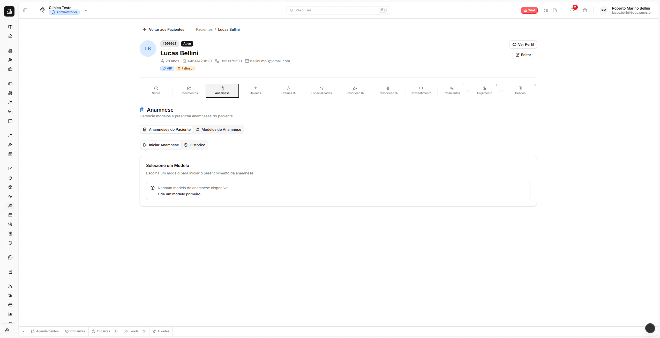 Aba Anamnese com templates e preenchimento