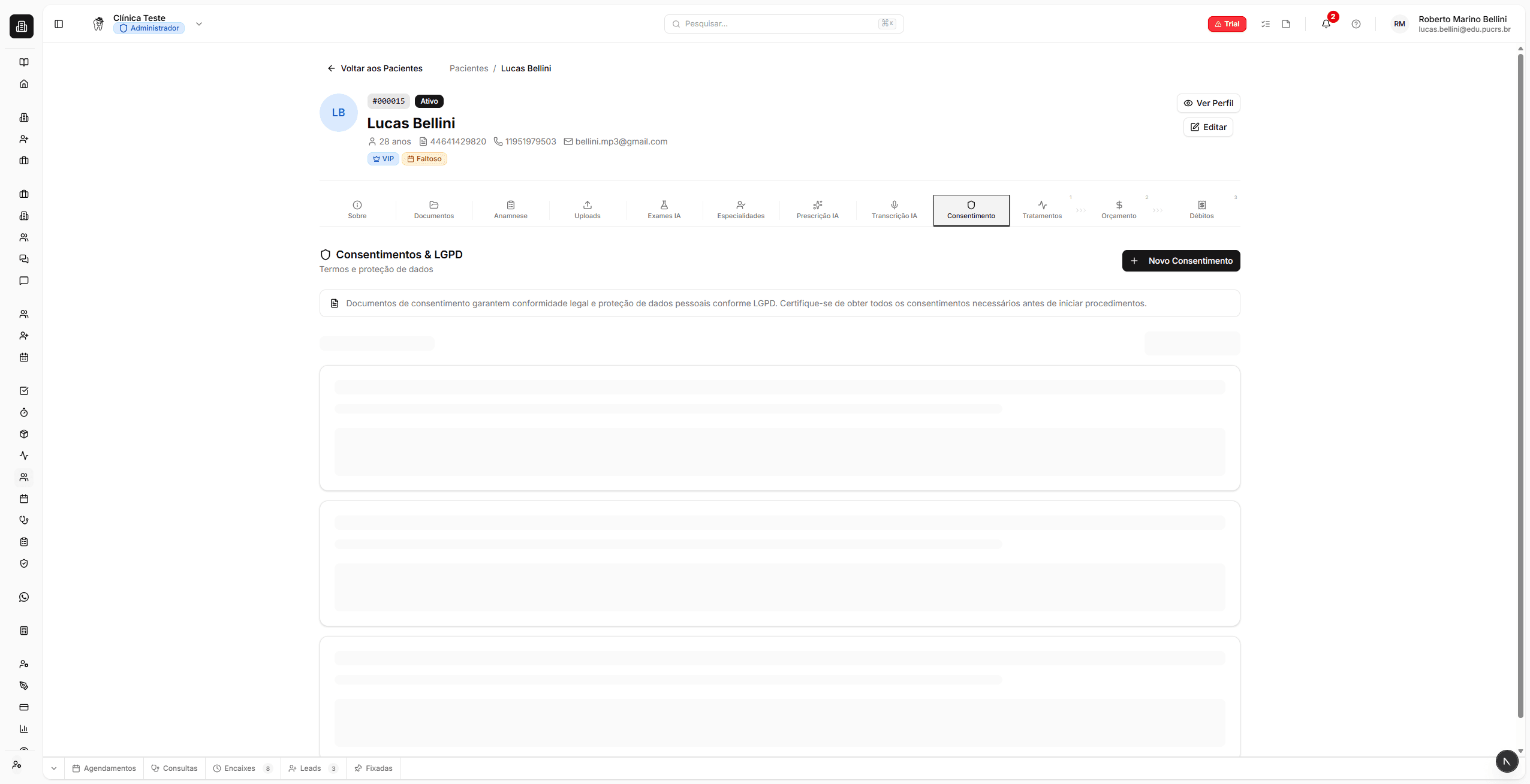 Aba Consentimento com lista de termos e status