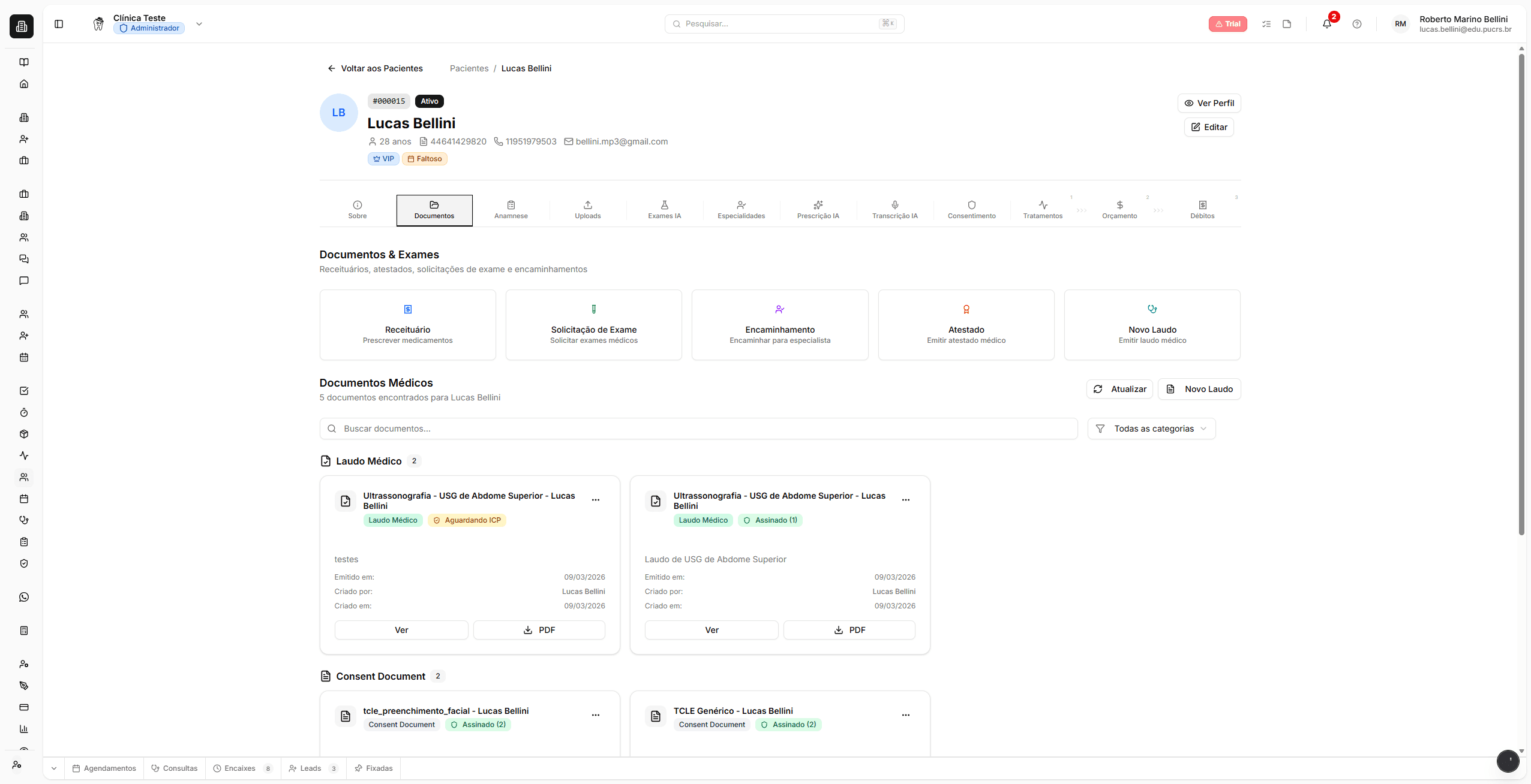 Aba Documentos com os 5 tipos de documento