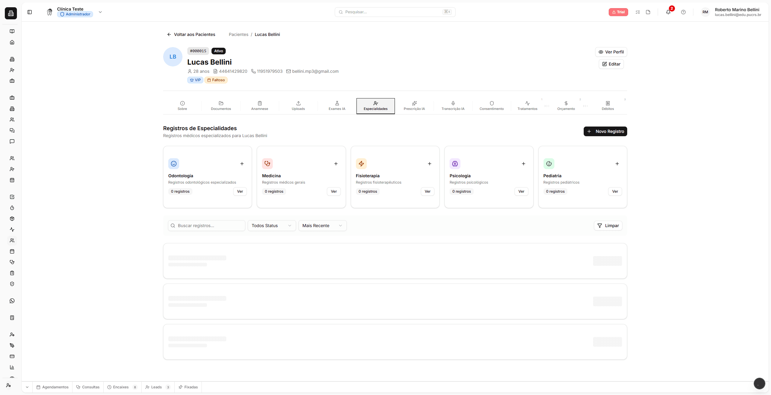 Aba Especialidades com odontograma e periograma