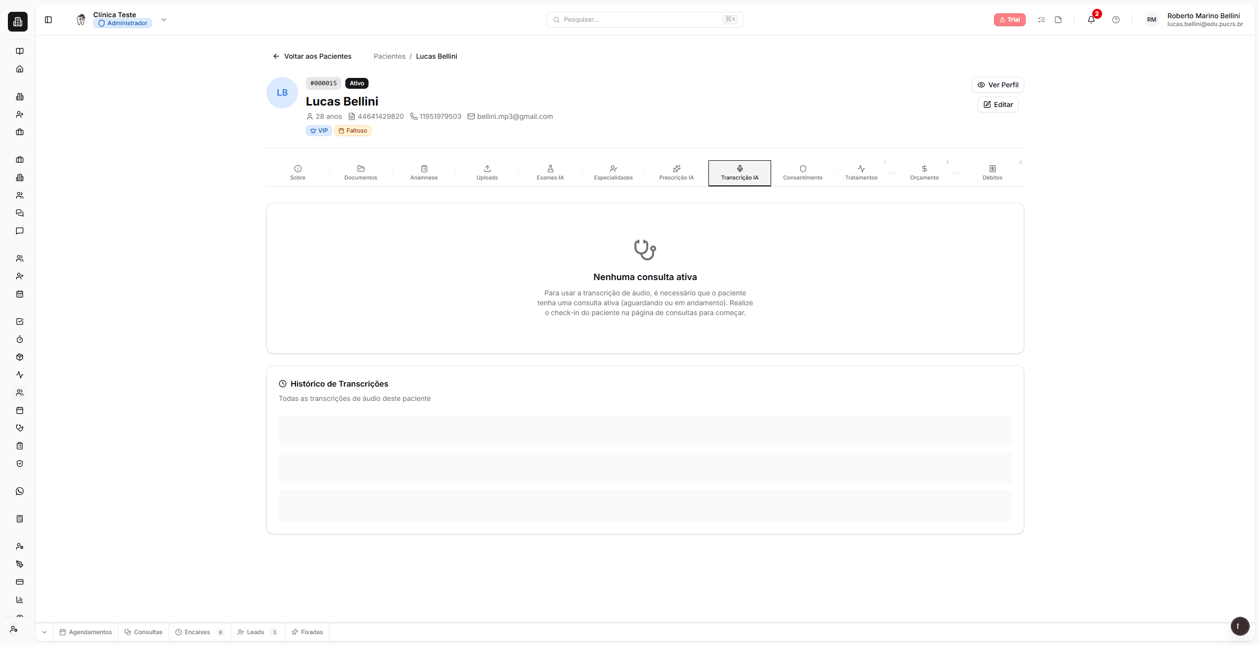 Aba Transcrição IA com gravação e identificação de falantes