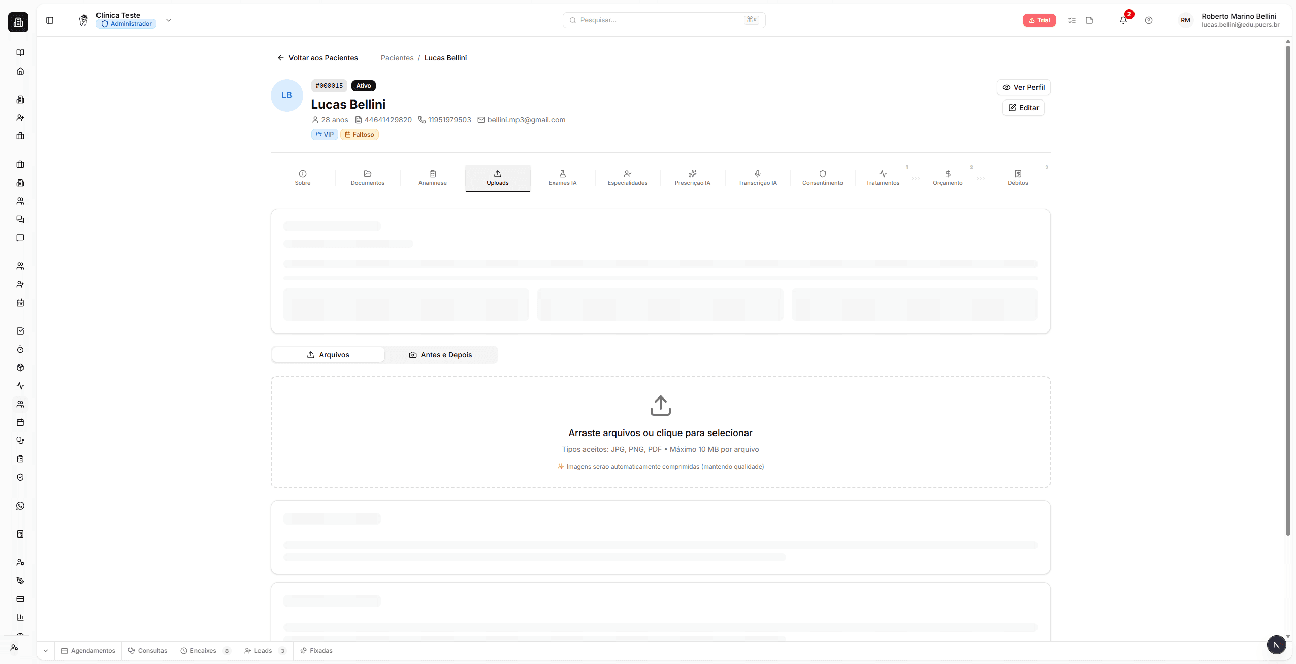 Aba Uploads com drag-and-drop e antes/depois