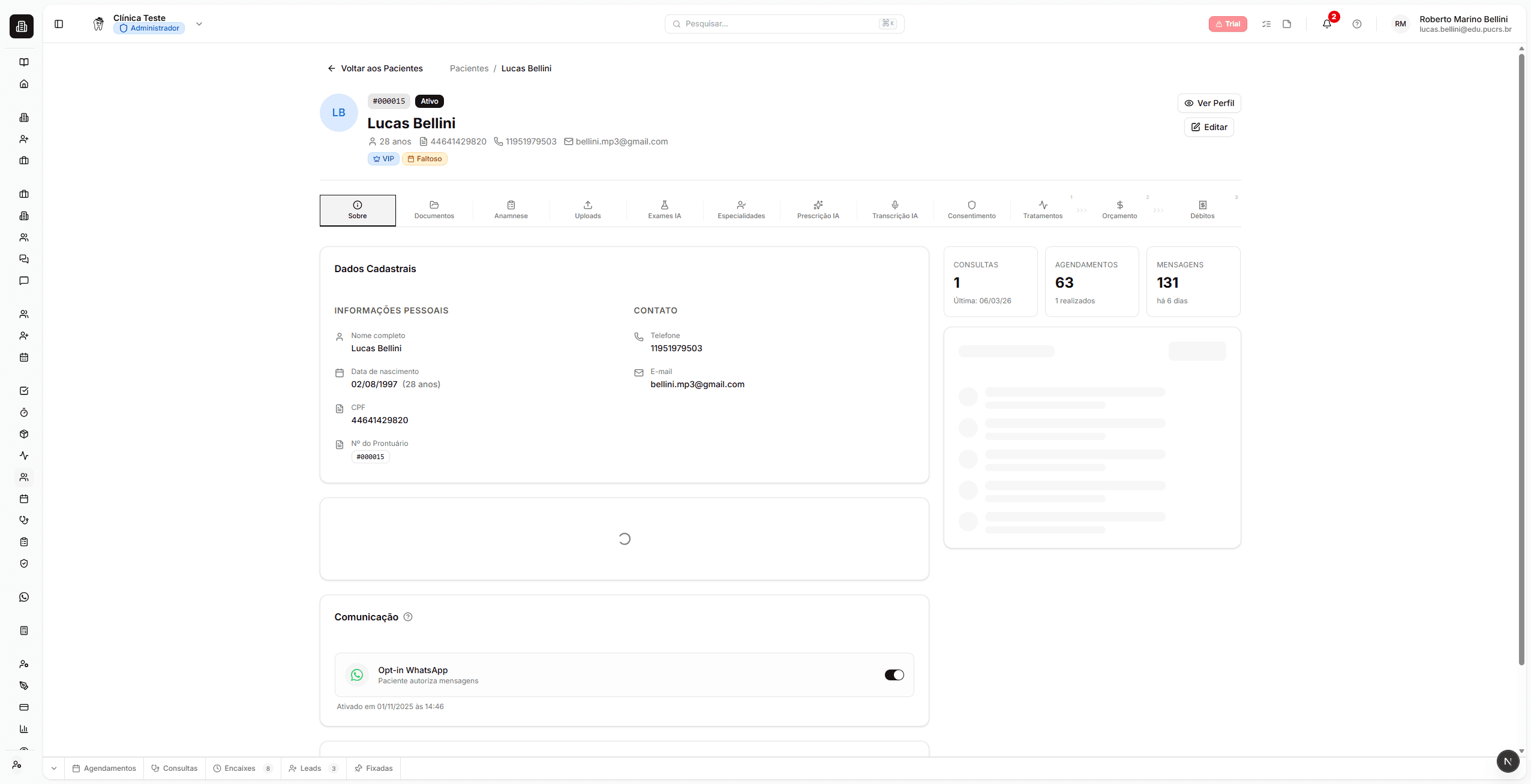 Visão geral das fichas médicas com as 12 abas