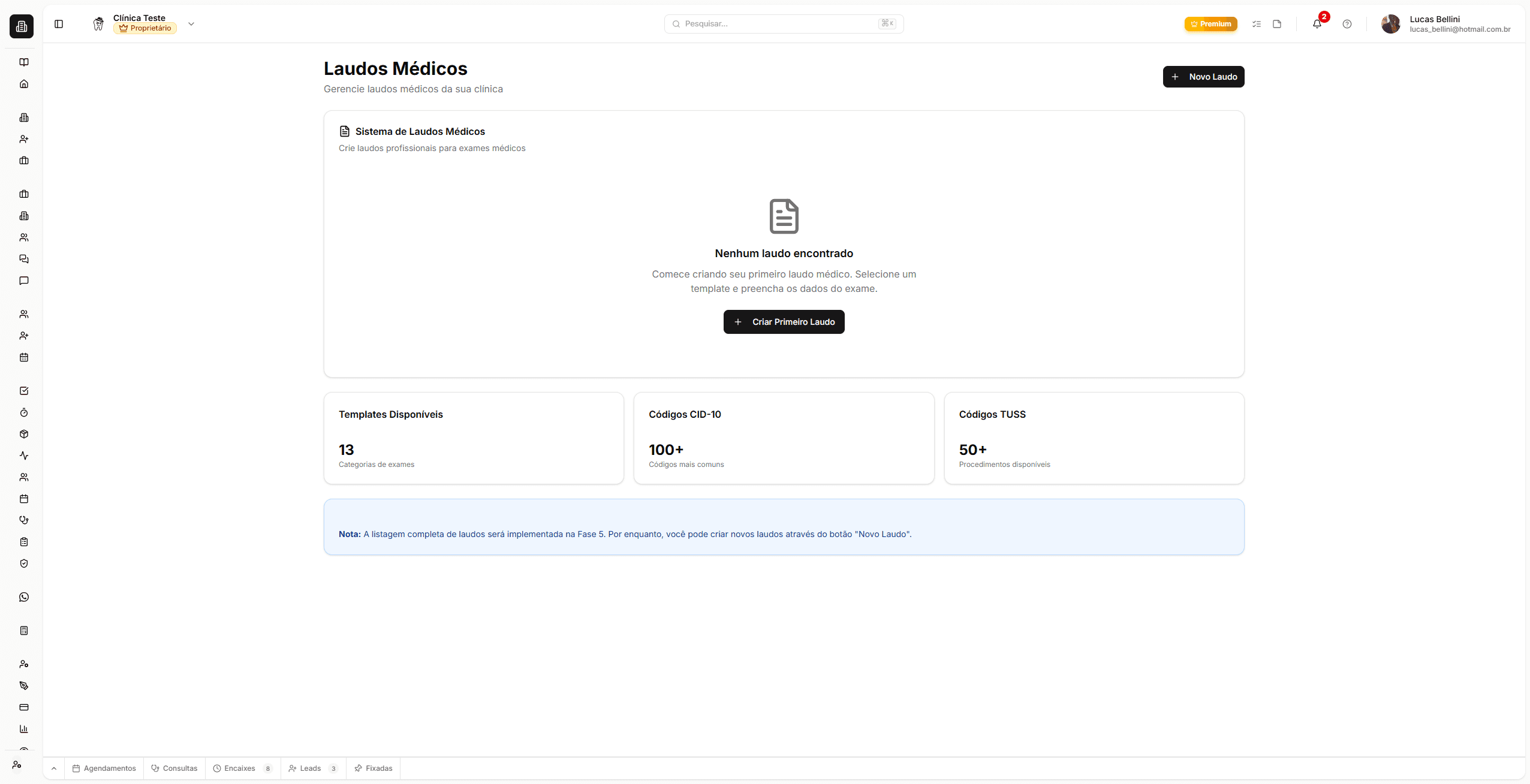 Página de laudos médicos do BlackOpero com template selector e formulário
