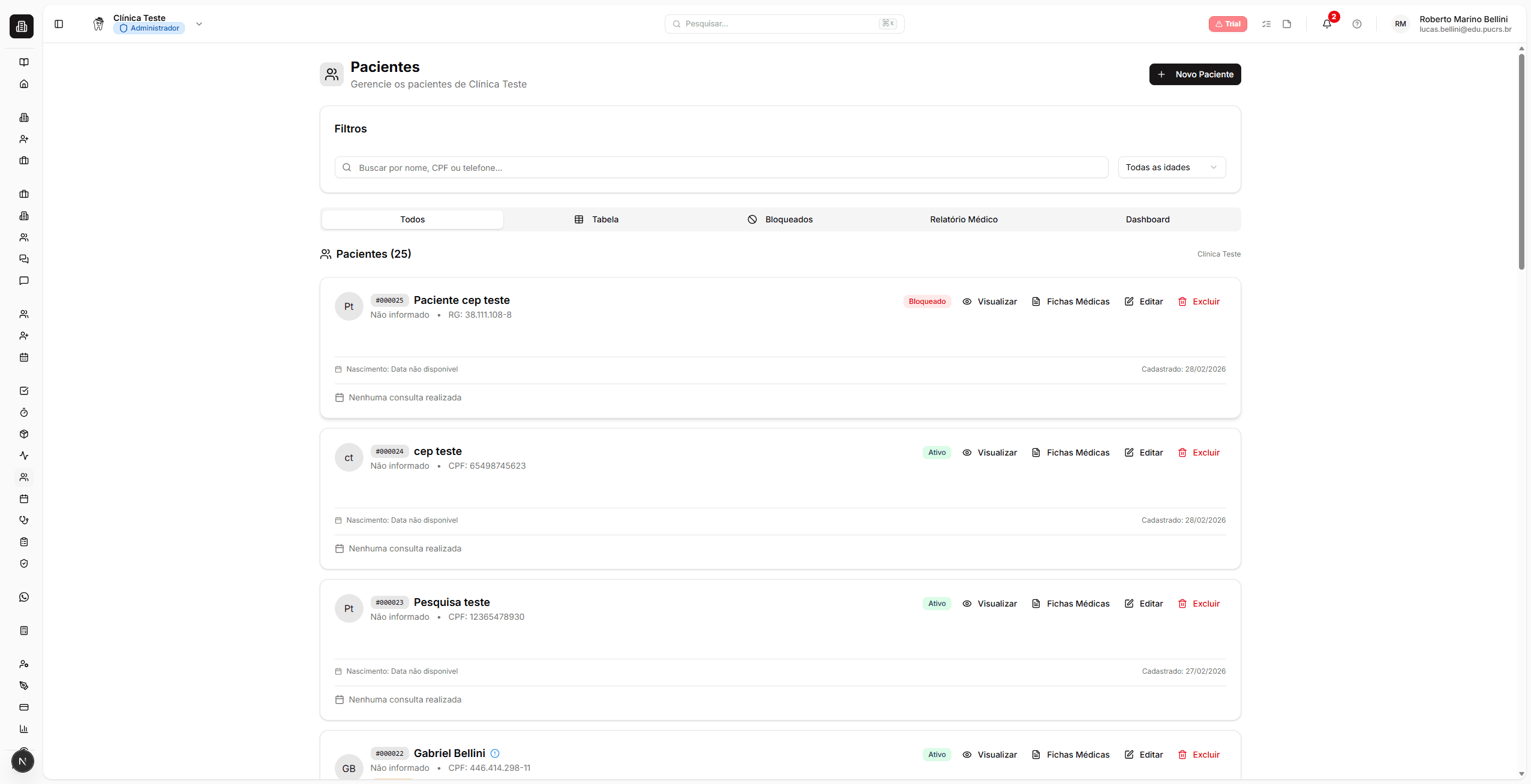 Visao geral da pagina de Pacientes