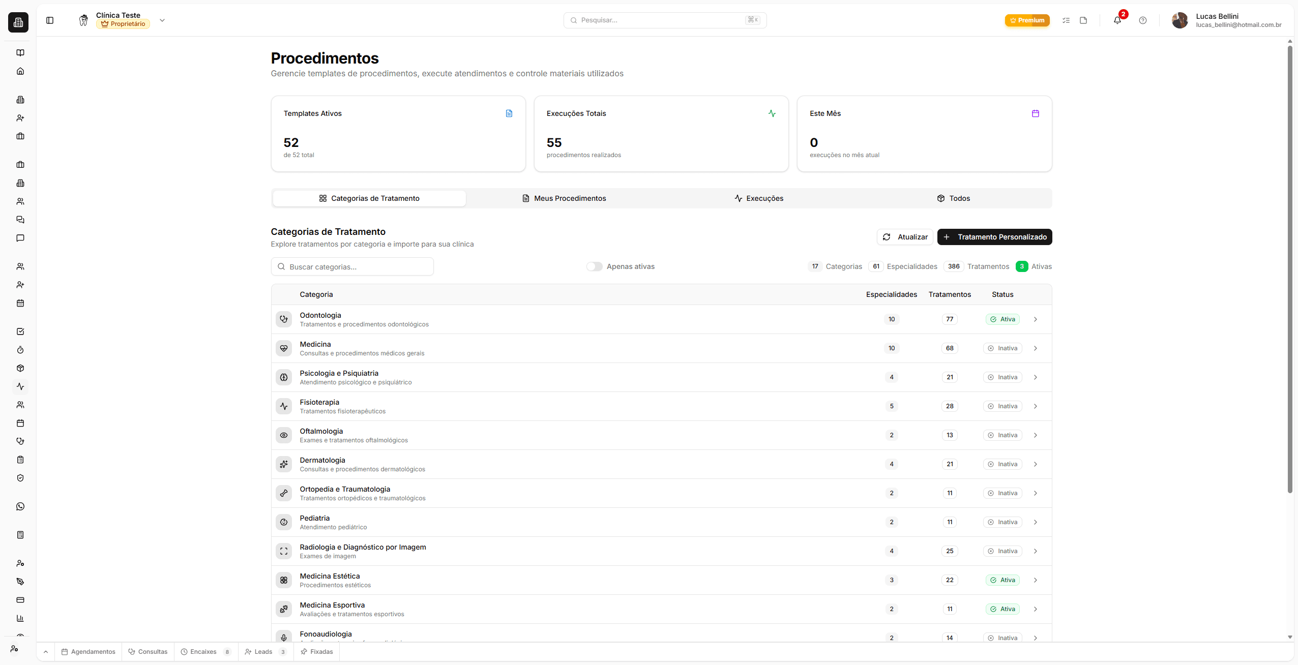 Página de procedimentos do BlackOpero mostrando cards de estatísticas e abas de navegação