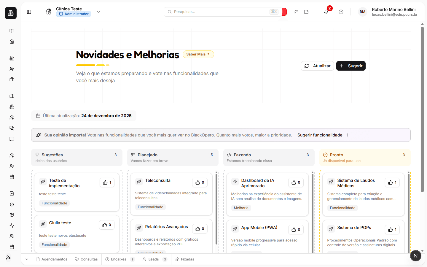 Página de Novidades e Melhorias do BlackOpero com quadro Kanban