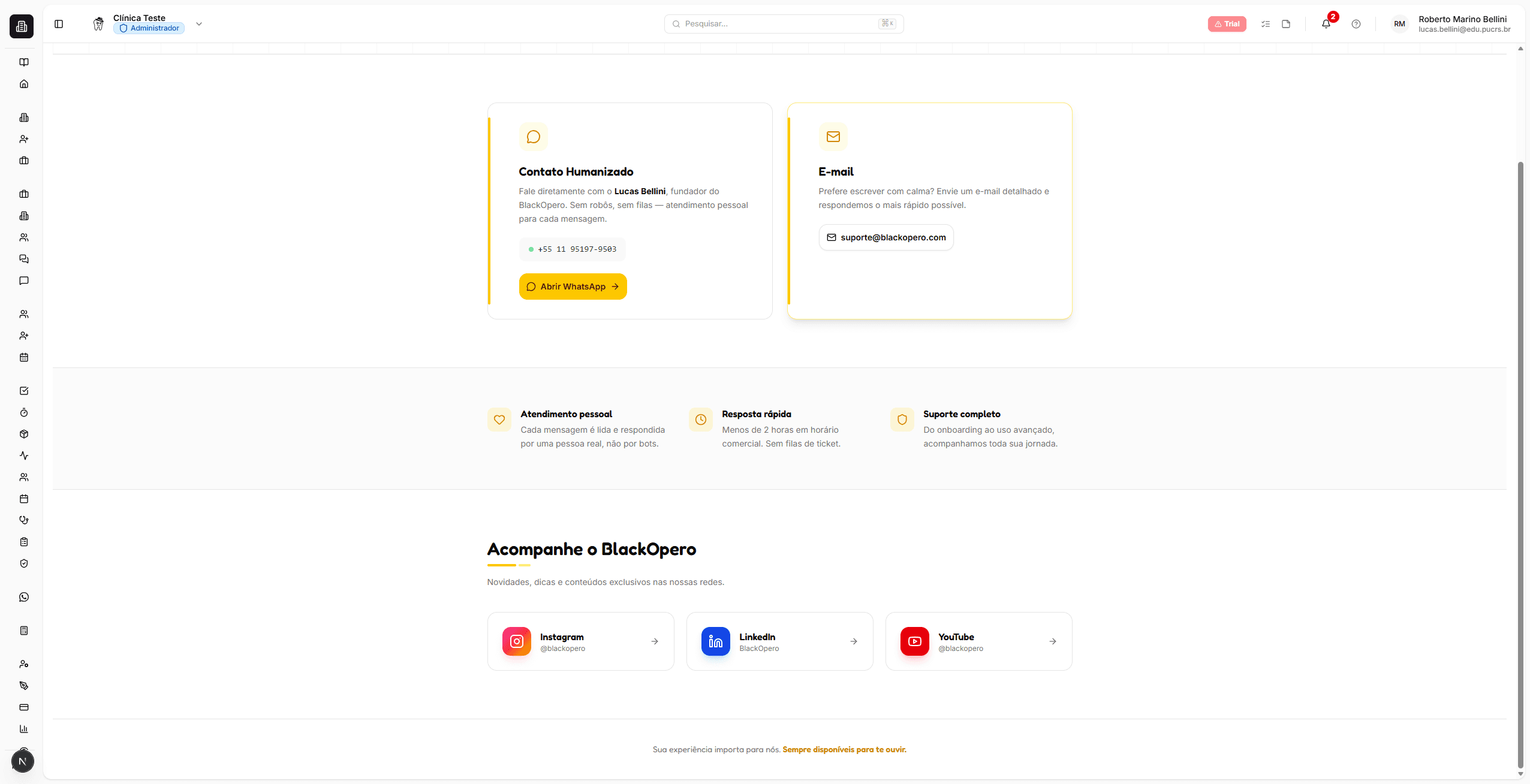 Seção de redes sociais do BlackOpero com links para Instagram, LinkedIn e YouTube