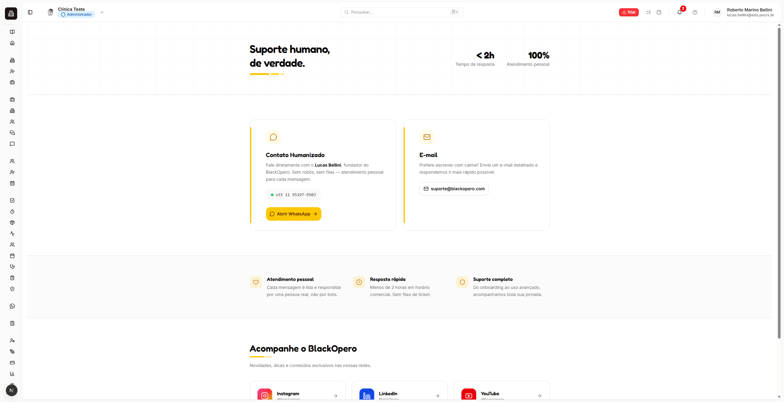 Página de suporte do BlackOpero mostrando o hero com stats de tempo de resposta e canais de contato