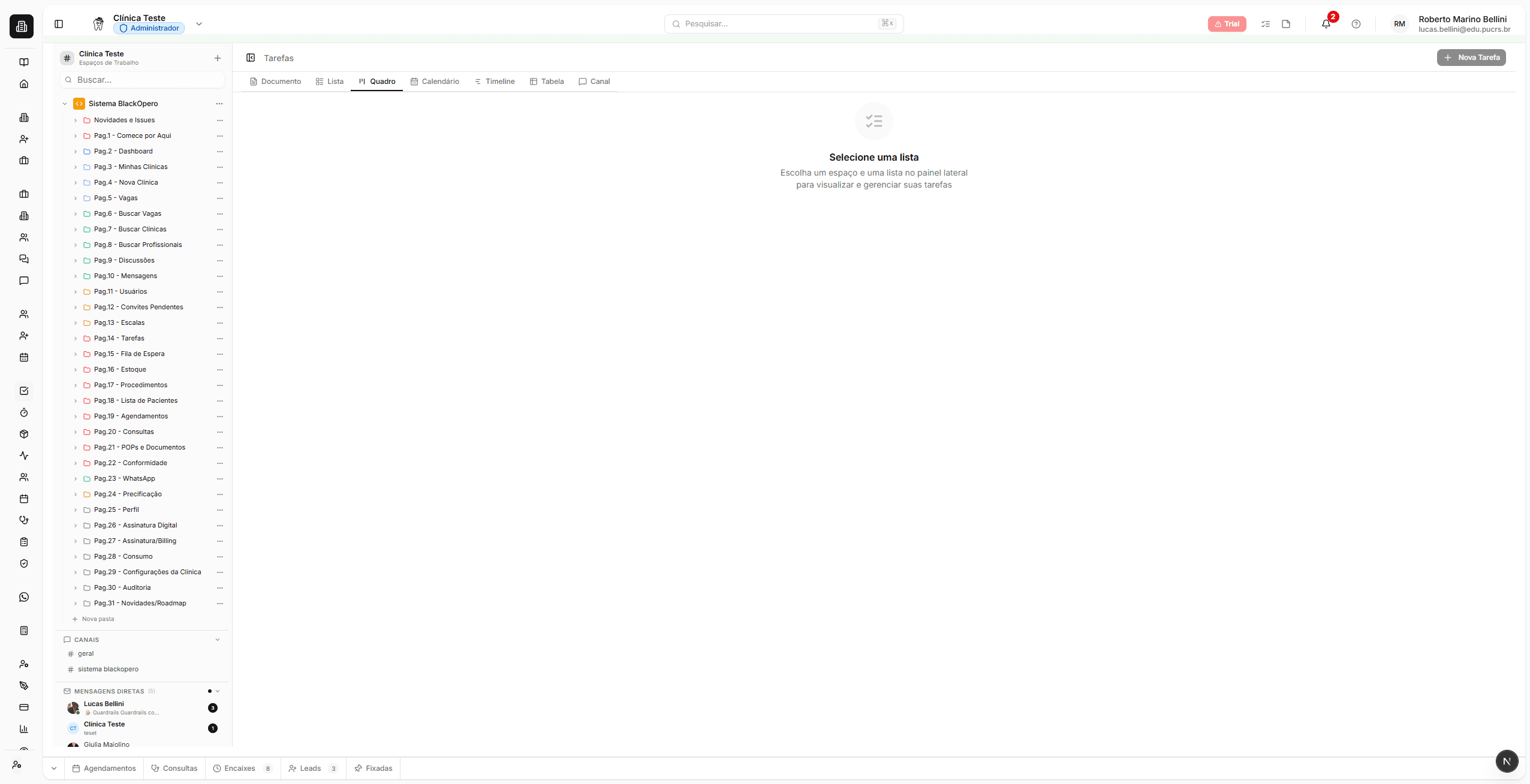 Módulo de tarefas do BlackOpero com sidebar e lista de tarefas
