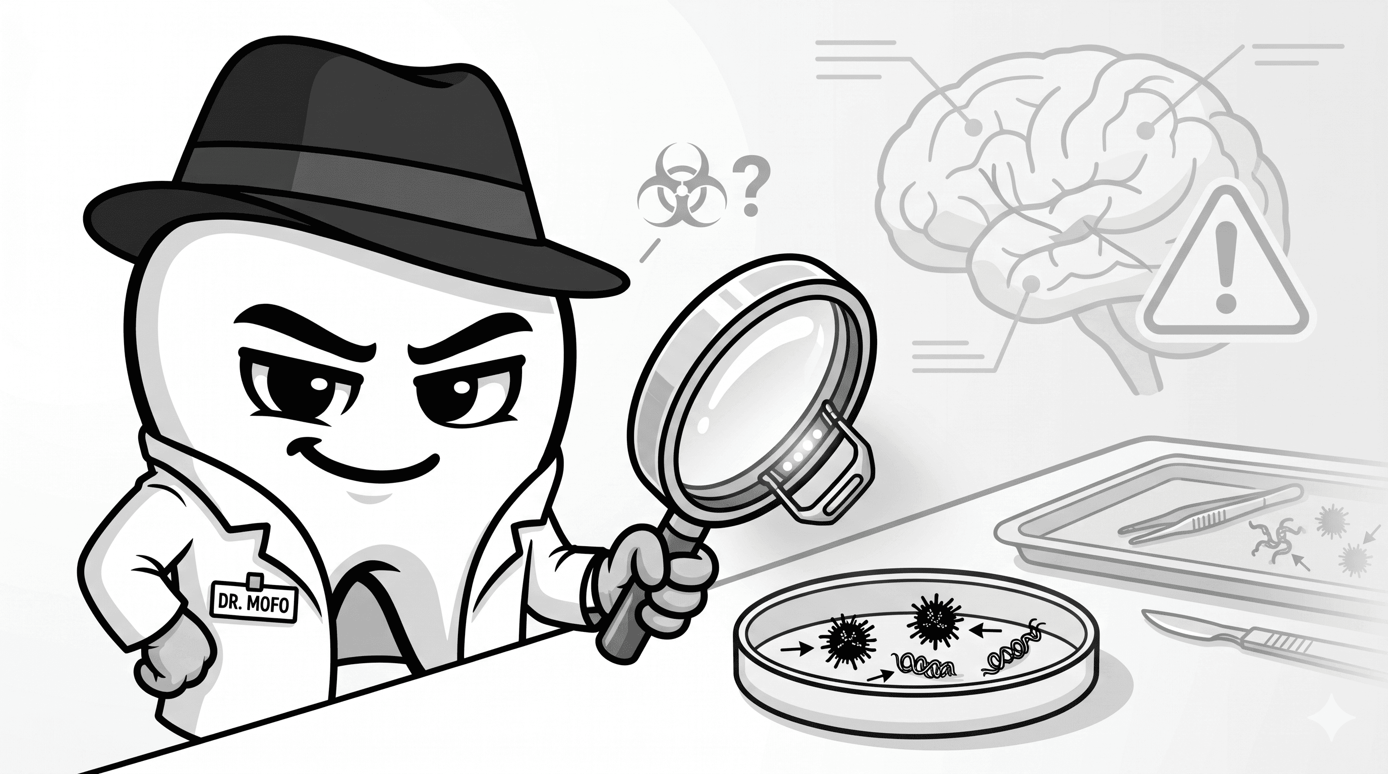 Mascote BlackOpero com instrumental cirúrgico e cérebro cartoon em alerta de biossegurança, estilo cartoon preto e branco