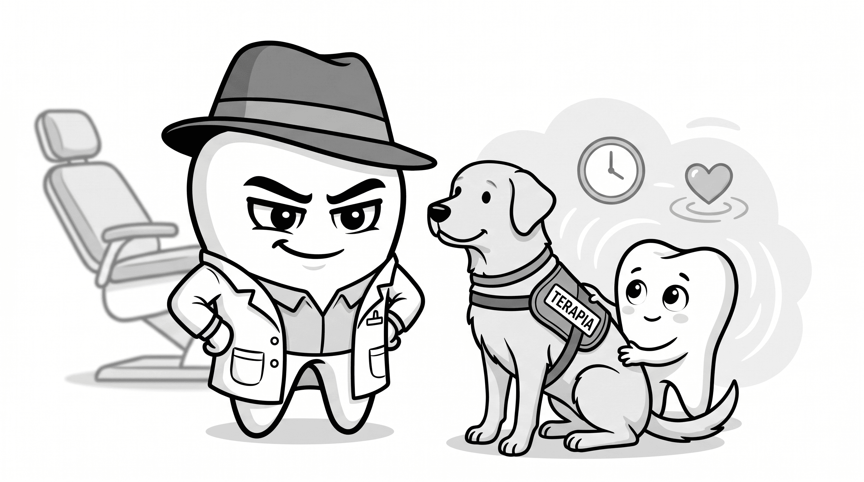 Mascote BlackOpero com cão terapeuta e criança autista no dentista em estilo cartoon preto e branco