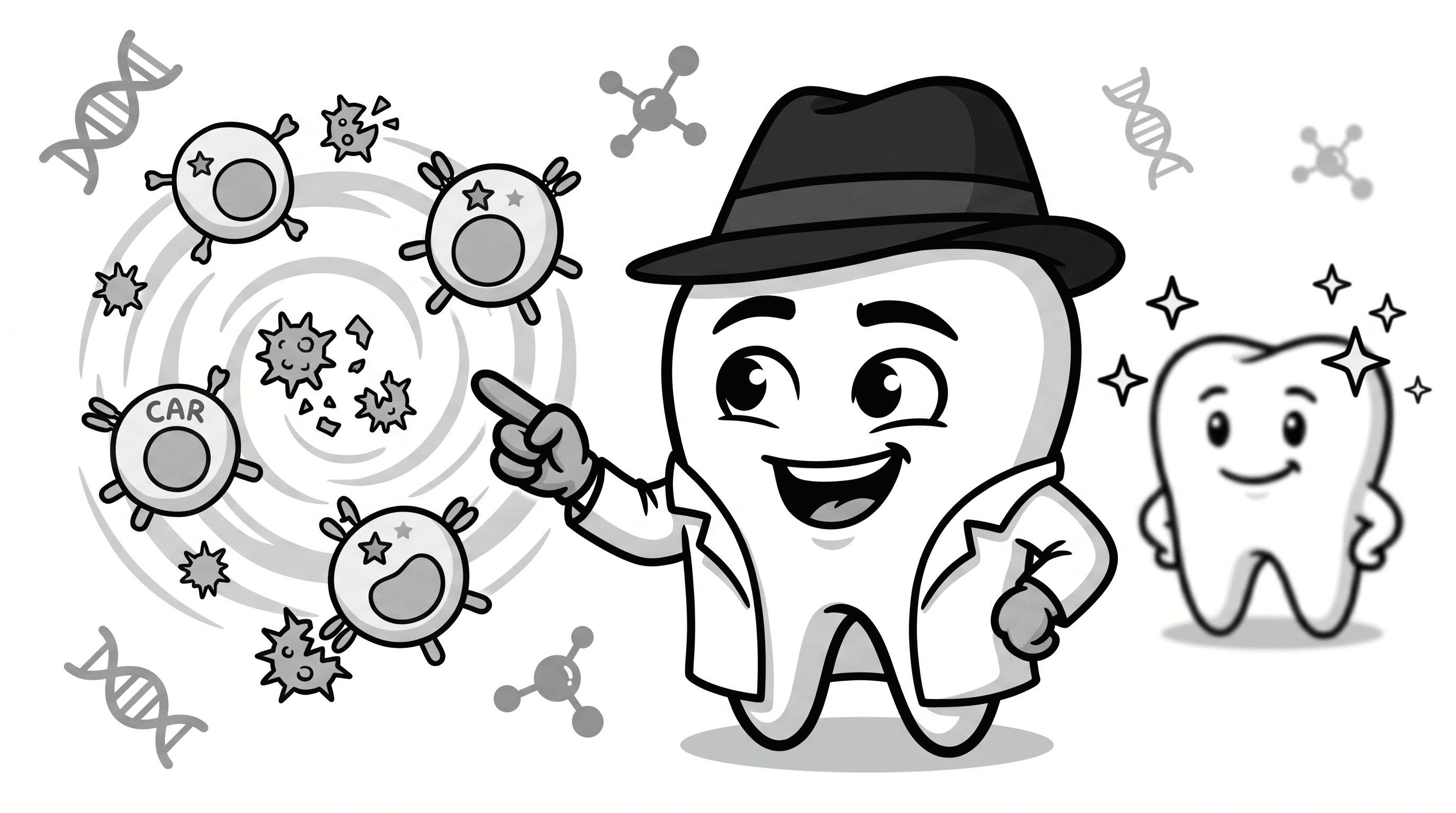 Mascote BlackOpero com células T modificadas e modelo molecular em estilo cartoon preto e branco