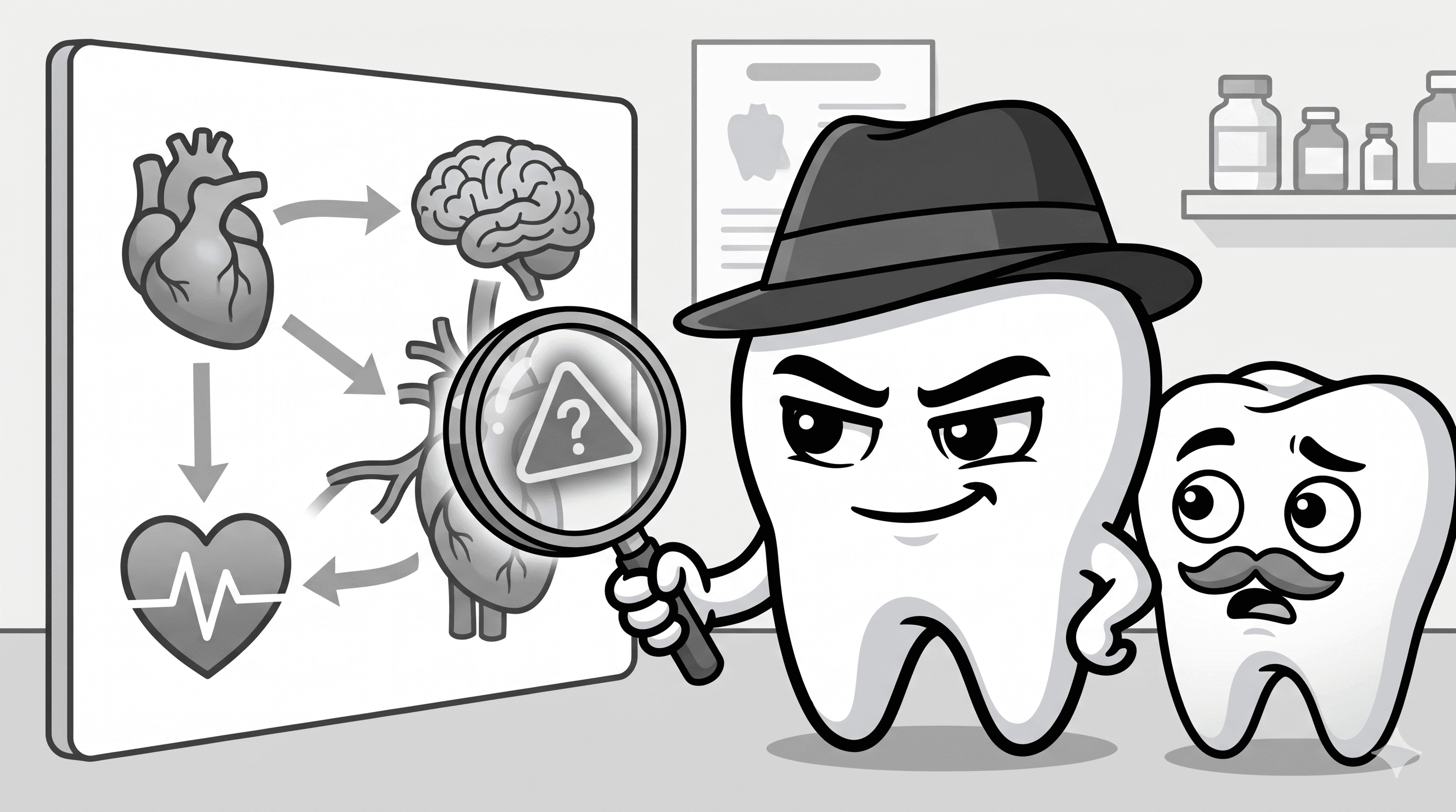 Mascote BlackOpero apontando para painel de conexão entre coração, cérebro e saúde vascular, estilo cartoon preto e branco