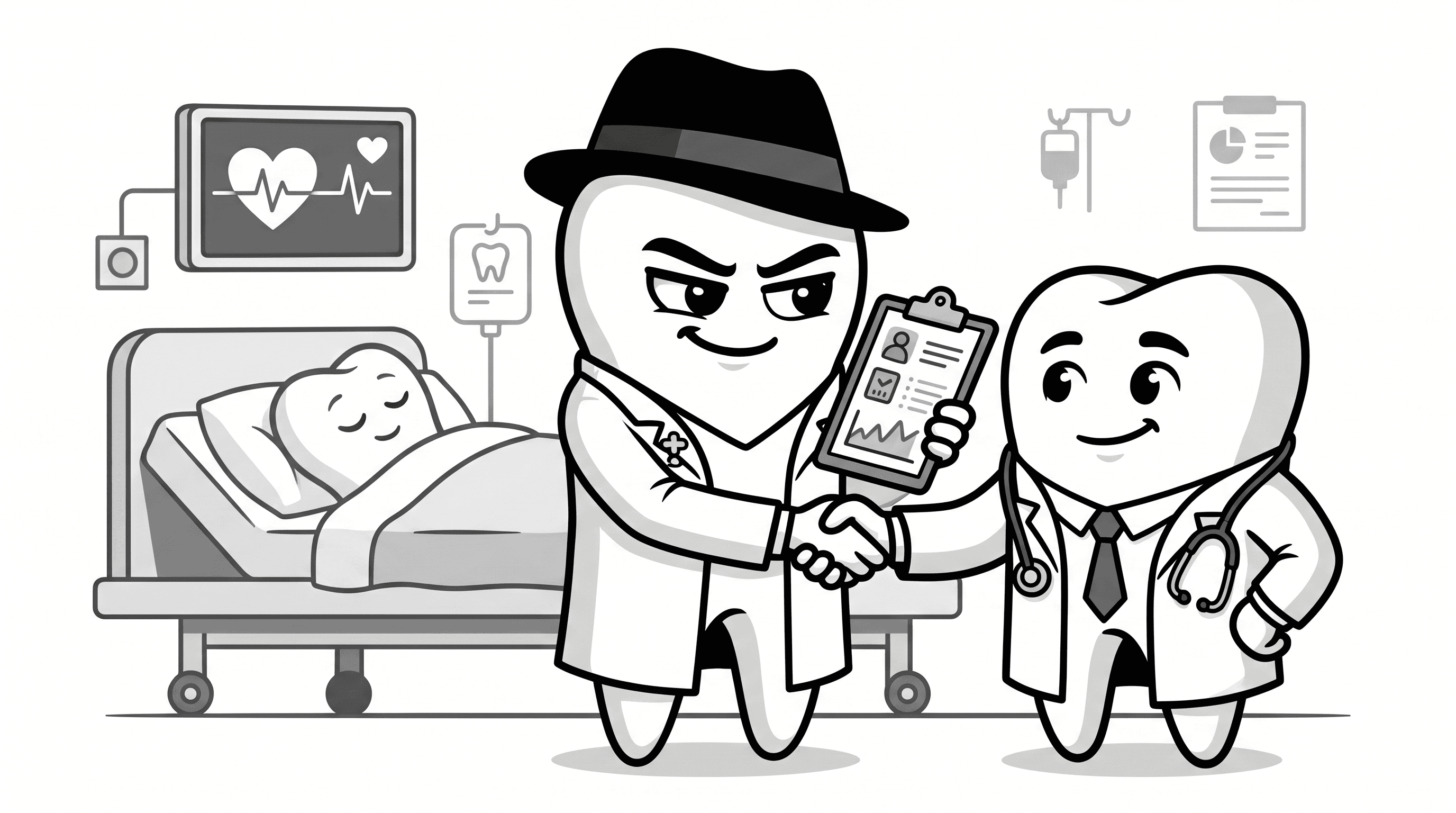 Mascote BlackOpero liderando equipe hospitalar com prontuário em mão, estilo cartoon preto e branco
