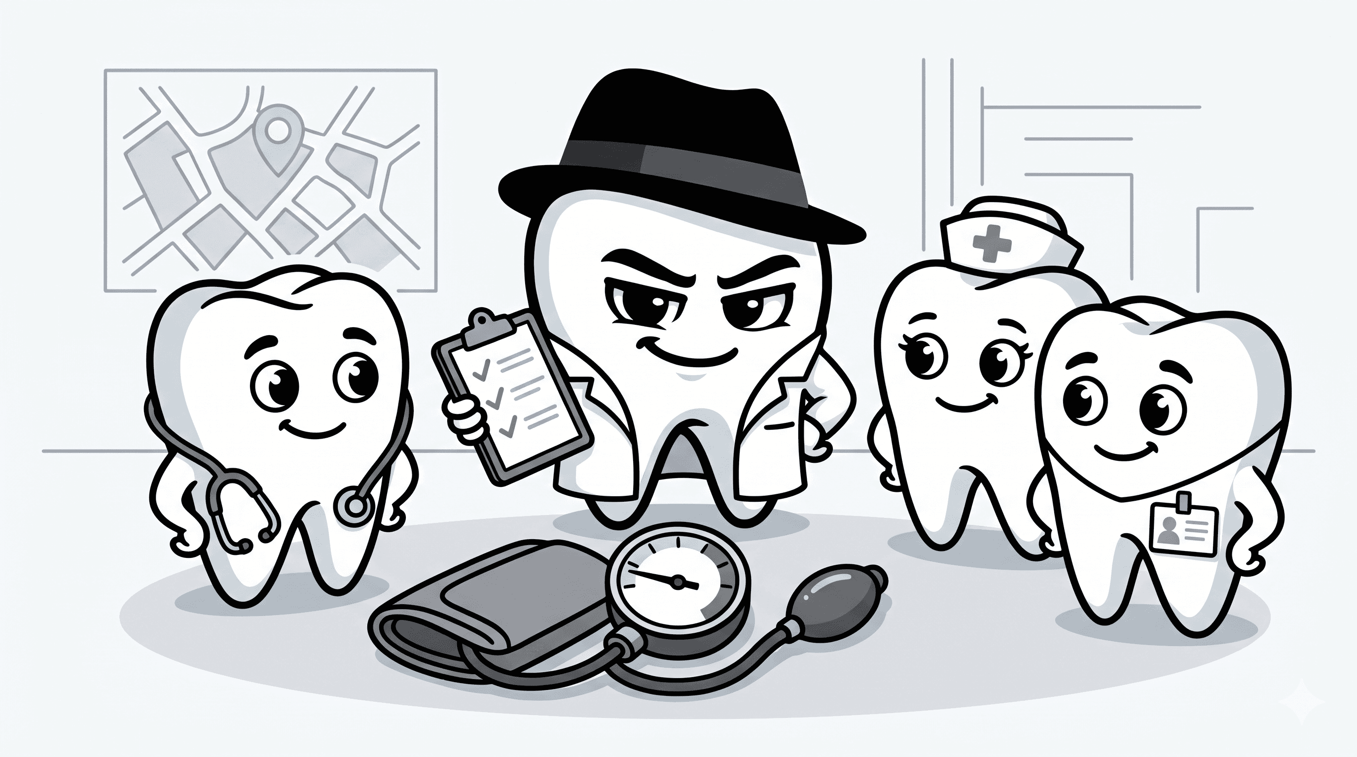 Mascote BlackOpero liderando equipe multidisciplinar com esfigmomanômetro em estilo cartoon preto e branco