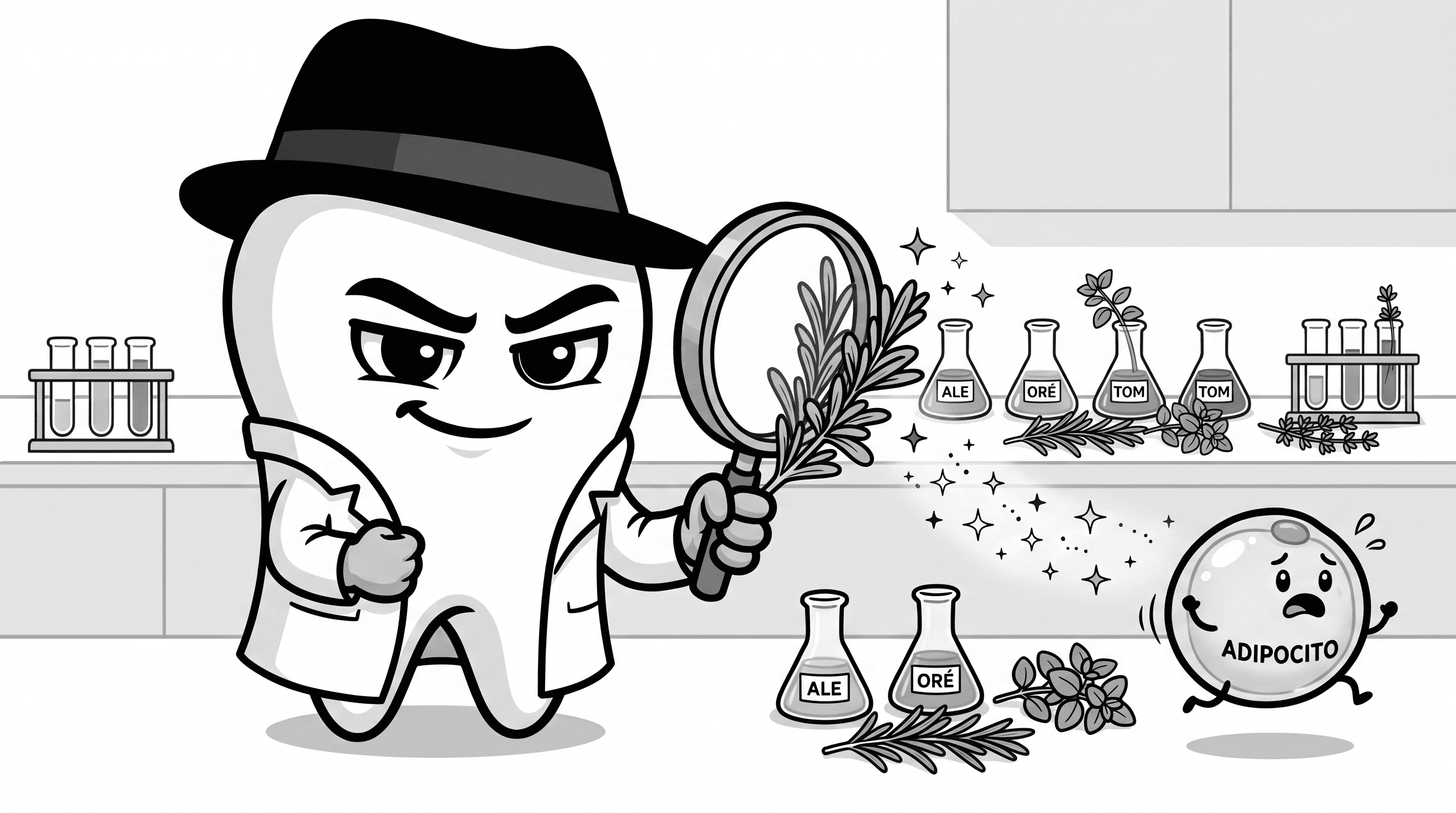 Mascote BlackOpero examinando ervas aromáticas com lupa em laboratório, estilo cartoon preto e branco