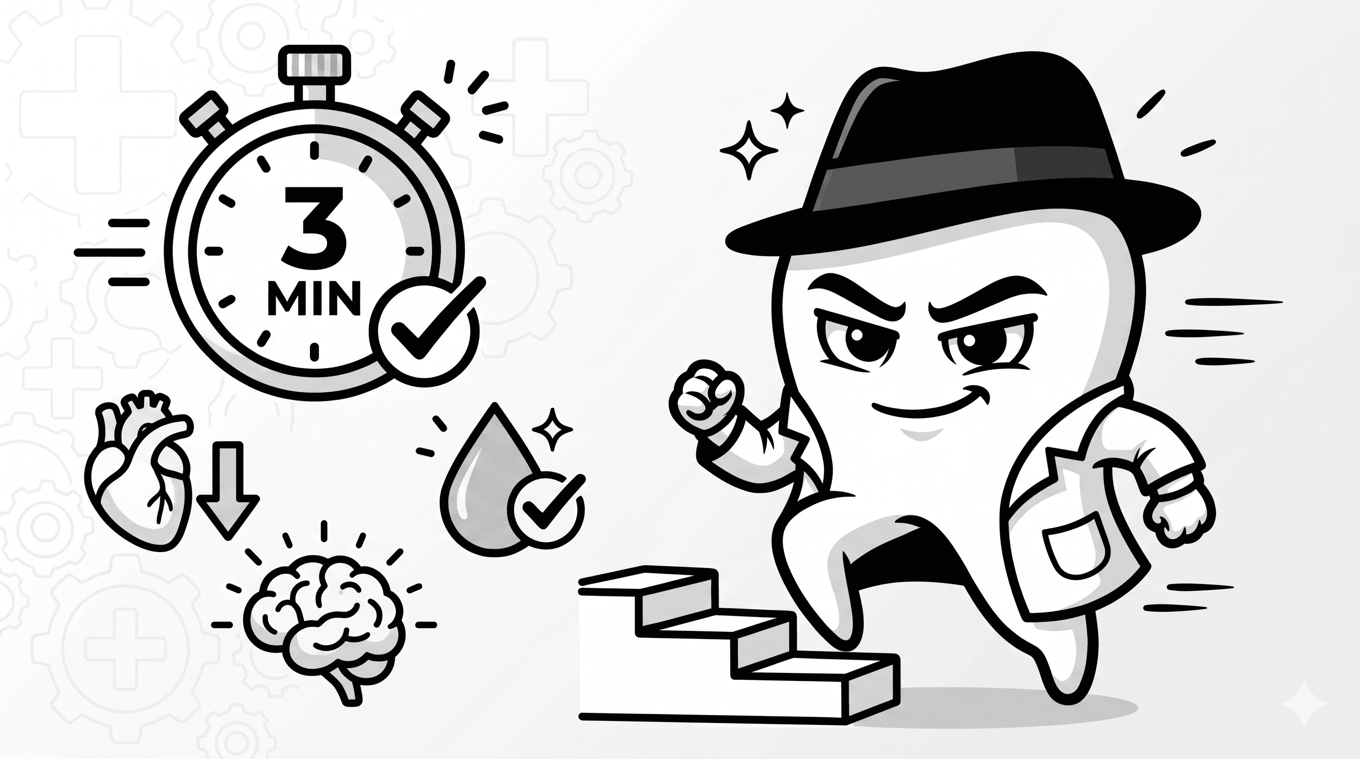 Mascote BlackOpero em movimento acelerado com gráfico de redução de risco em estilo cartoon preto e branco