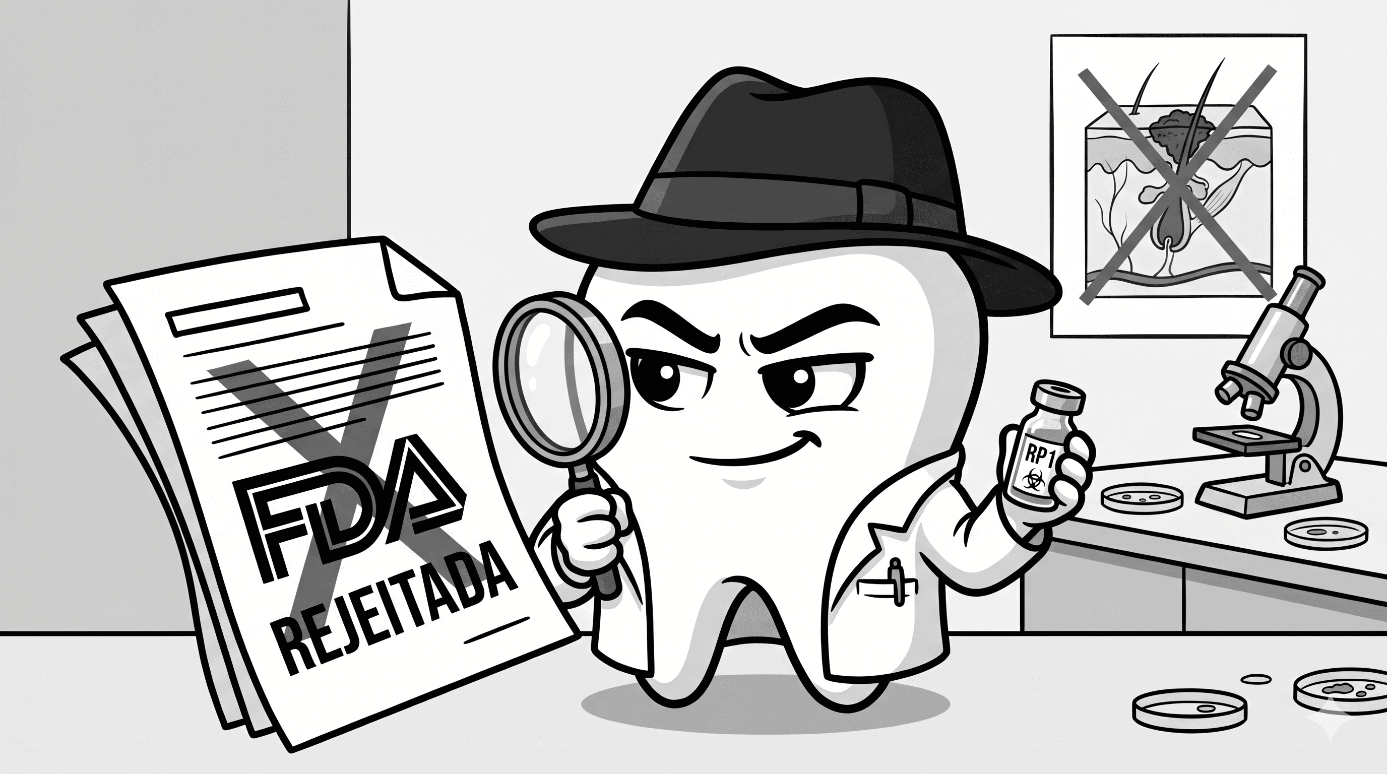 Mascote BlackOpero com relatório FDA e pele estilizada em estilo cartoon preto e branco