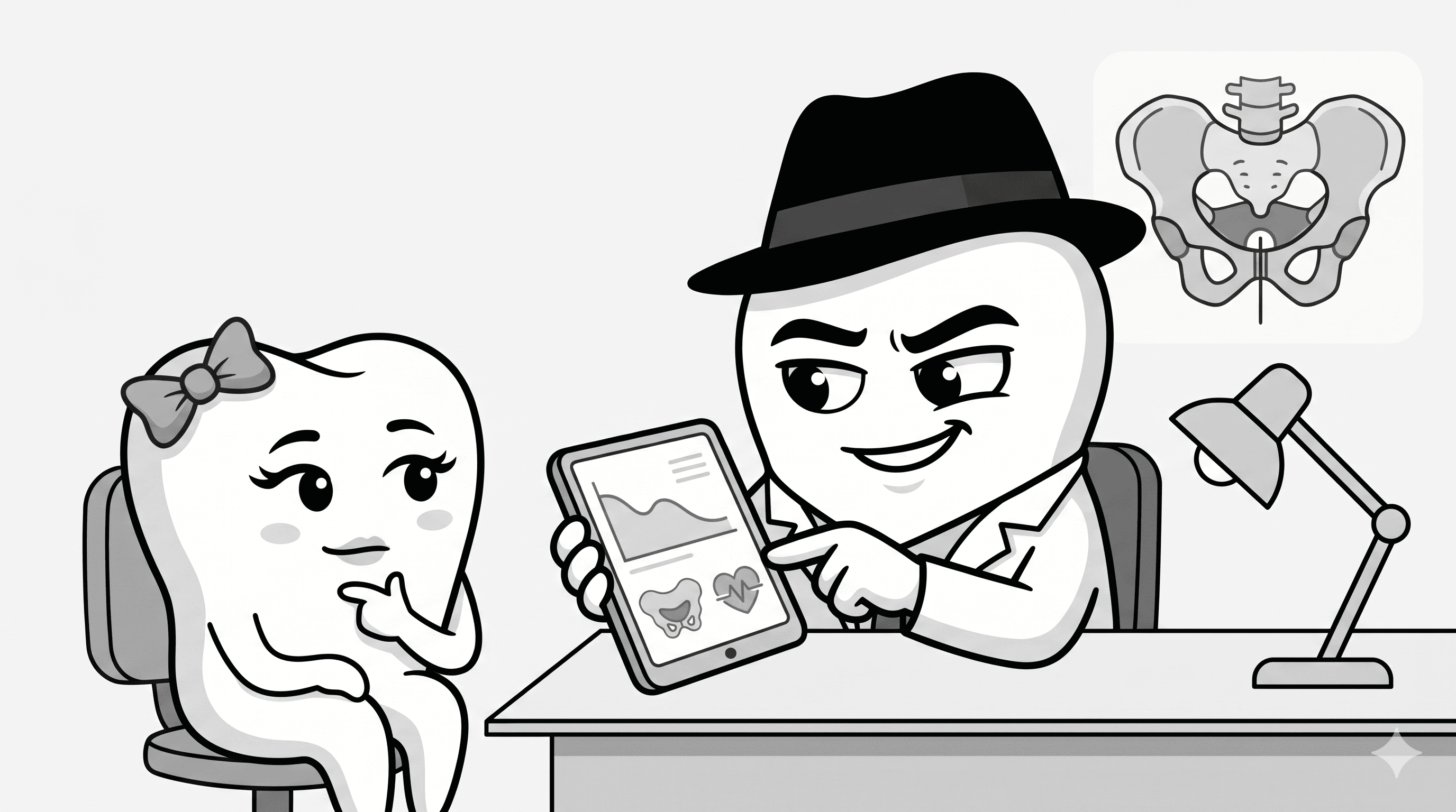 Mascote BlackOpero explicando efeitos do GLP-1 em paciente feminina, estilo cartoon preto e branco