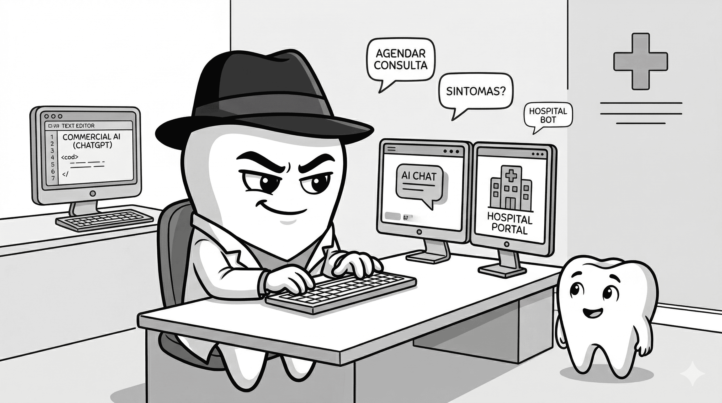 Mascote BlackOpero de jaleco operando chatbot hospitalar com IA em estilo cartoon preto e branco