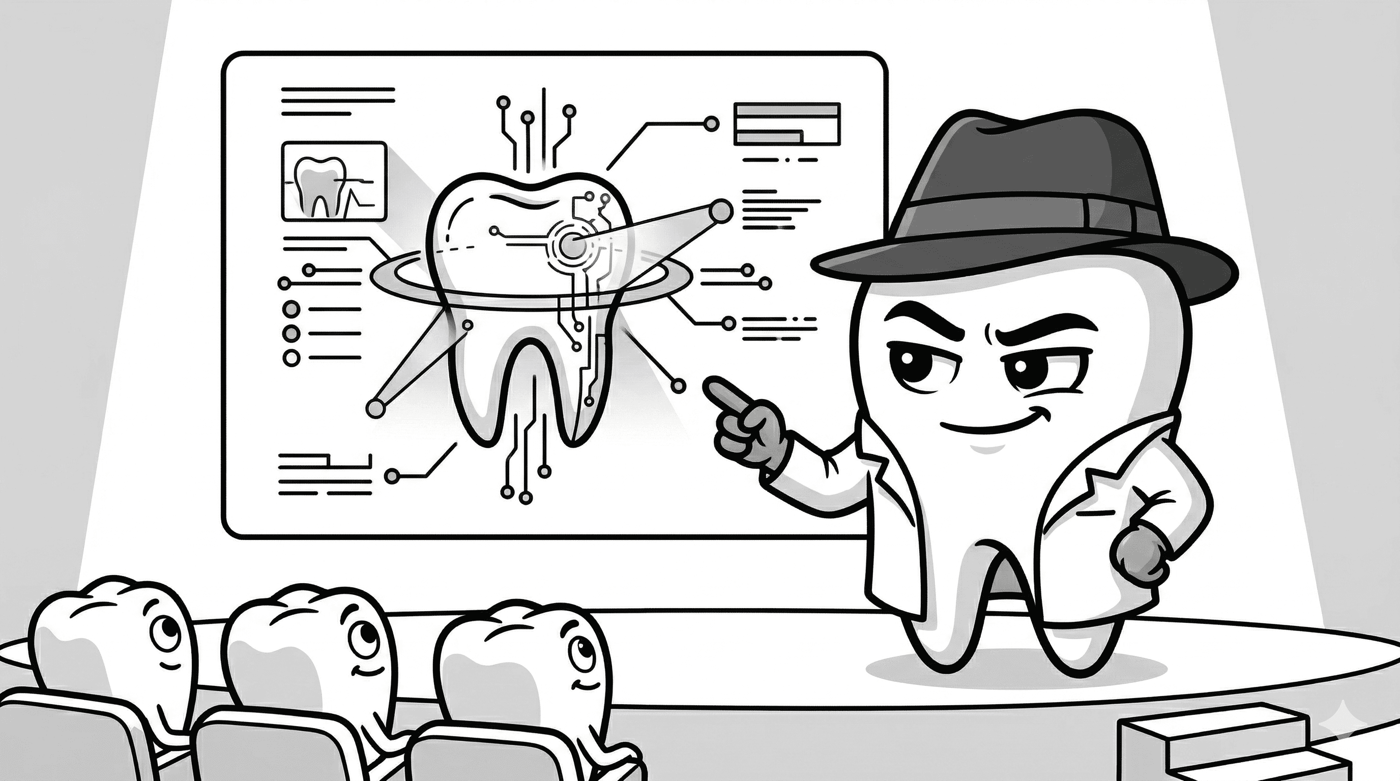 Mascote BlackOpero em evento de odontologia com IA e inovação em estilo cartoon preto e branco