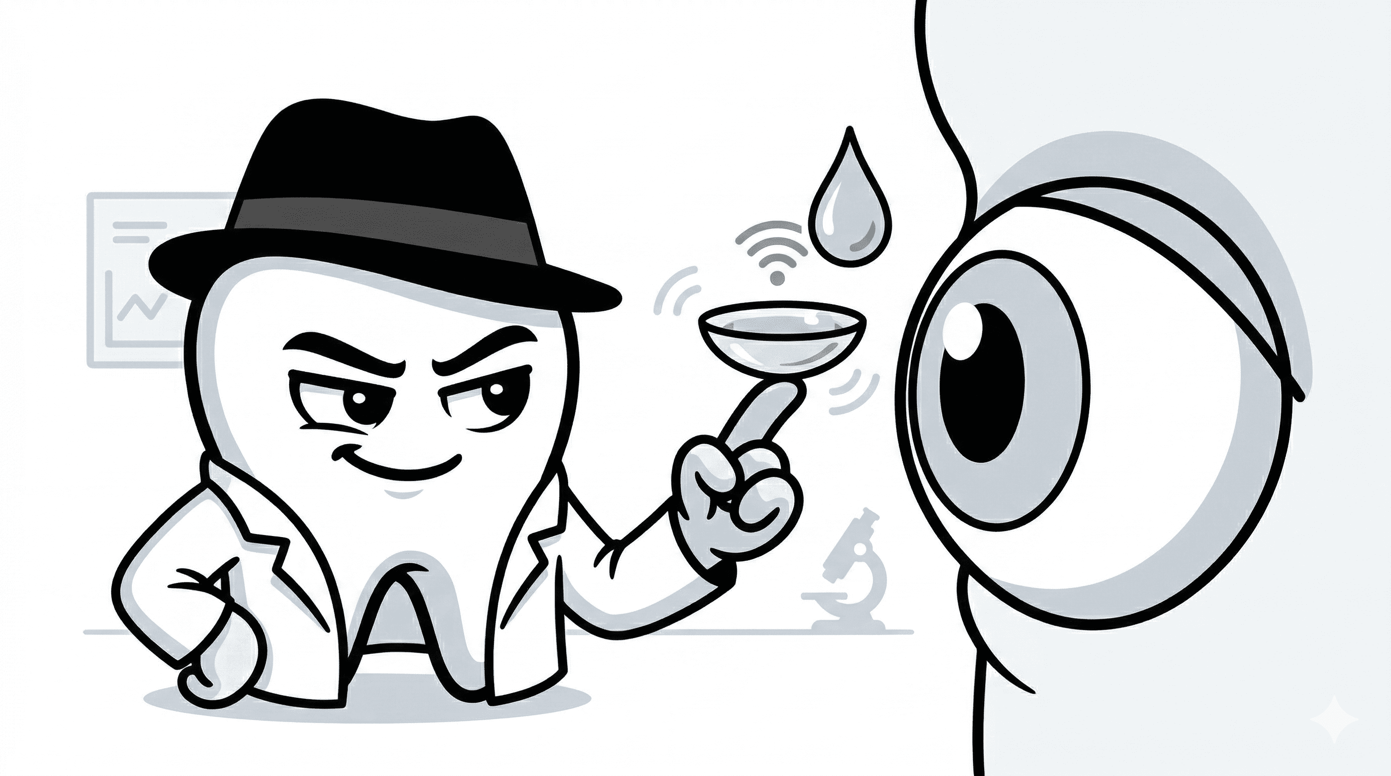 Mascote BlackOpero examinando lente de contato inteligente para glaucoma em estilo cartoon preto e branco