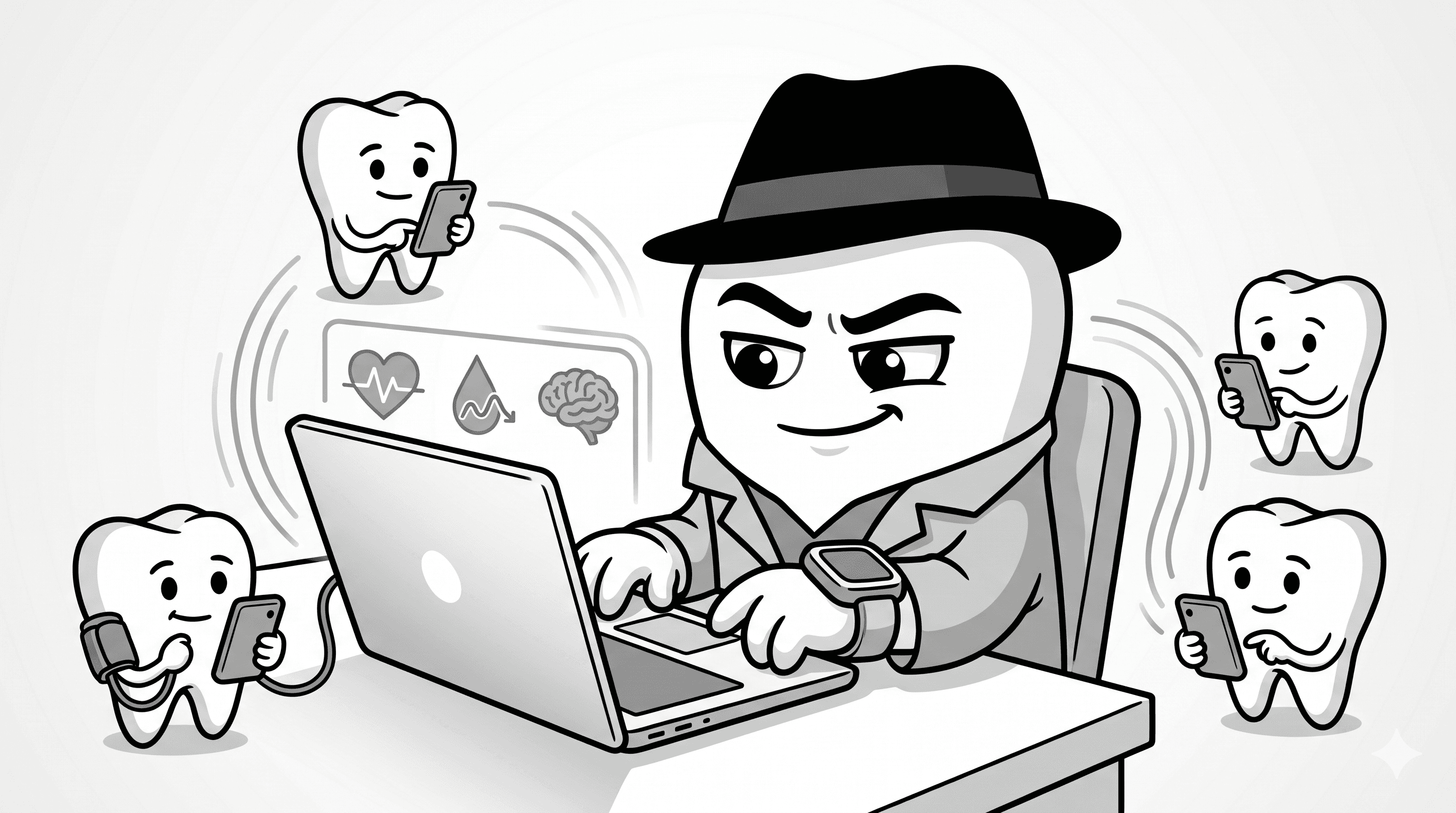 Mascote BlackOpero coordenando saúde digital com laptop e wearables em estilo cartoon preto e branco