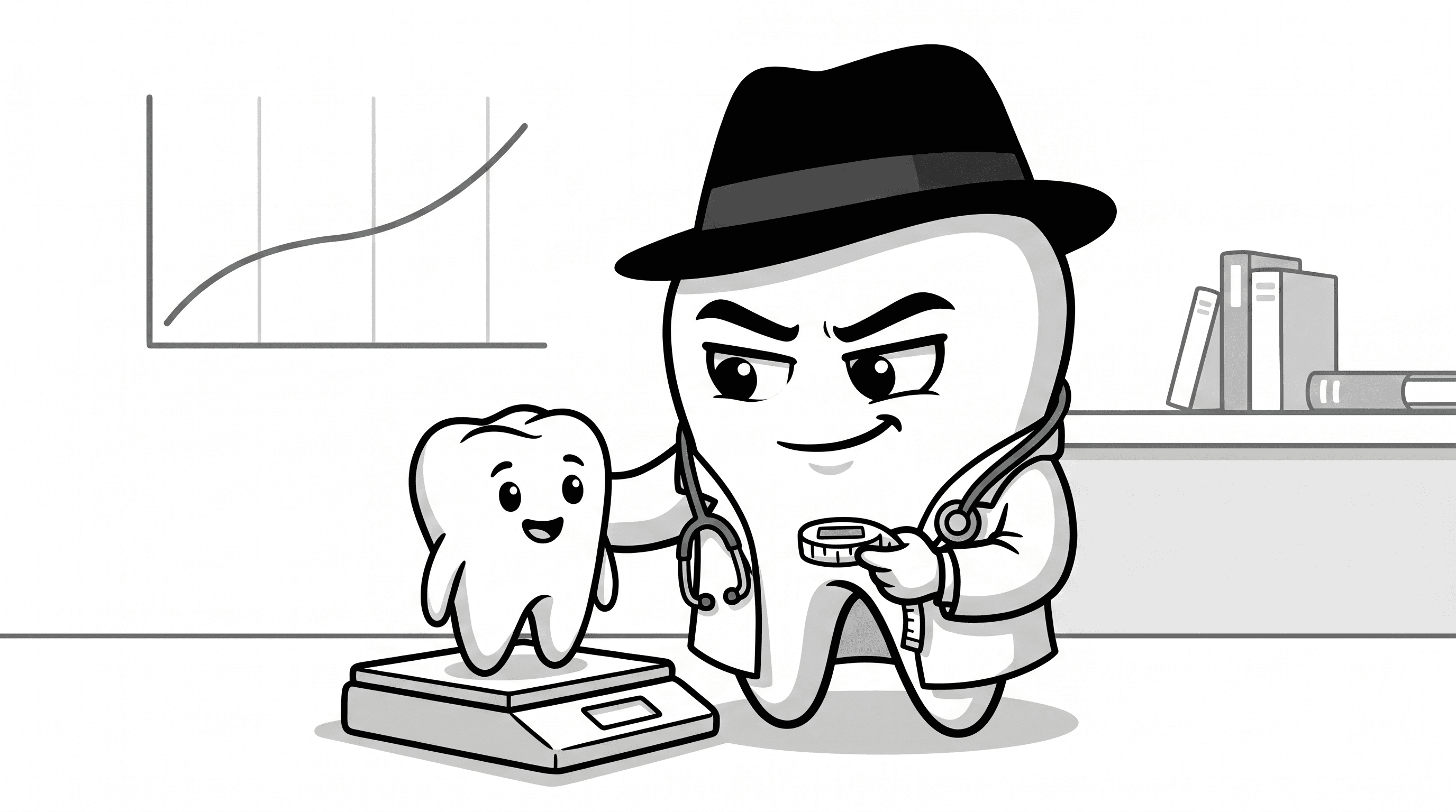 Mascote BlackOpero pediatra com balança e criança sorridente em estilo cartoon preto e branco