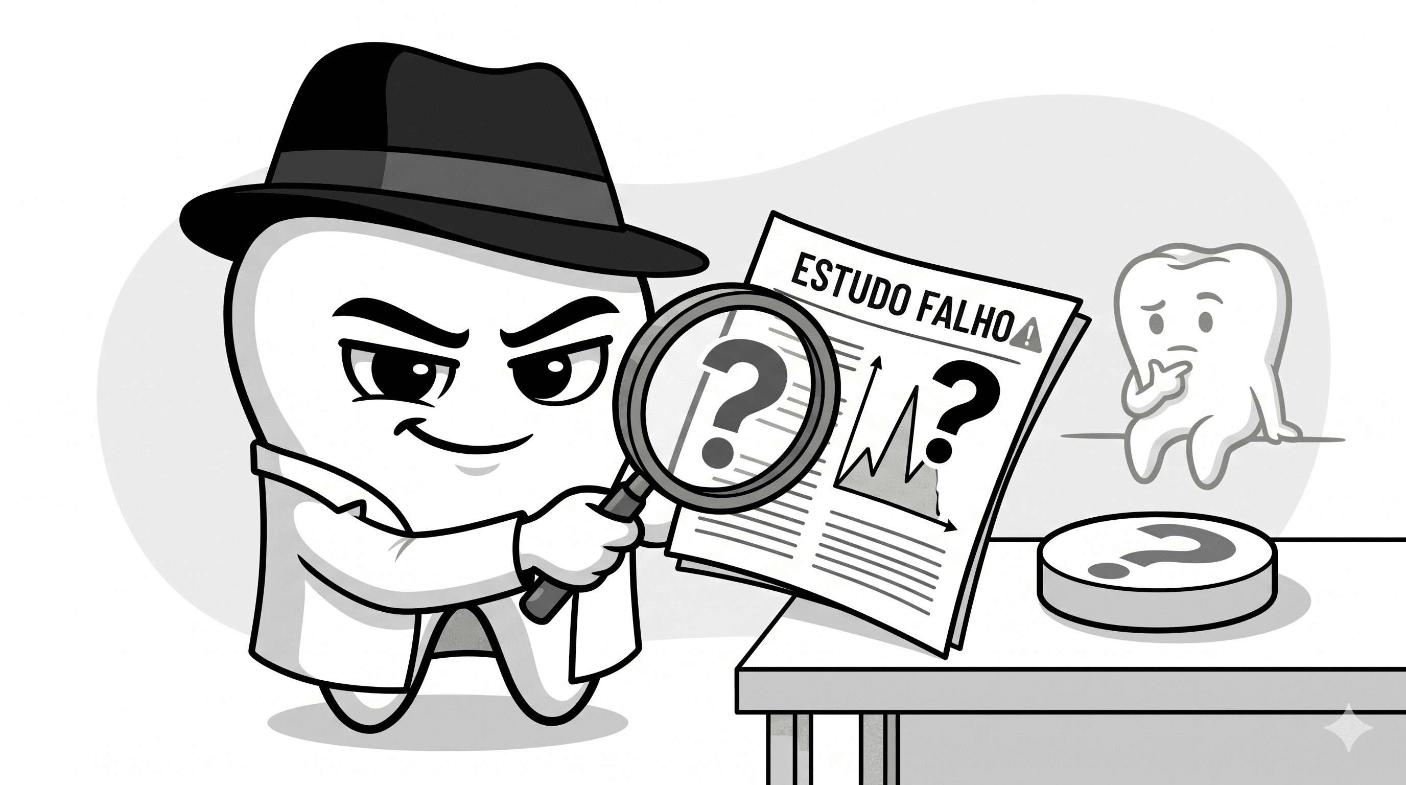 Mascote BlackOpero segurando documento científico com alerta em estilo cartoon preto e branco