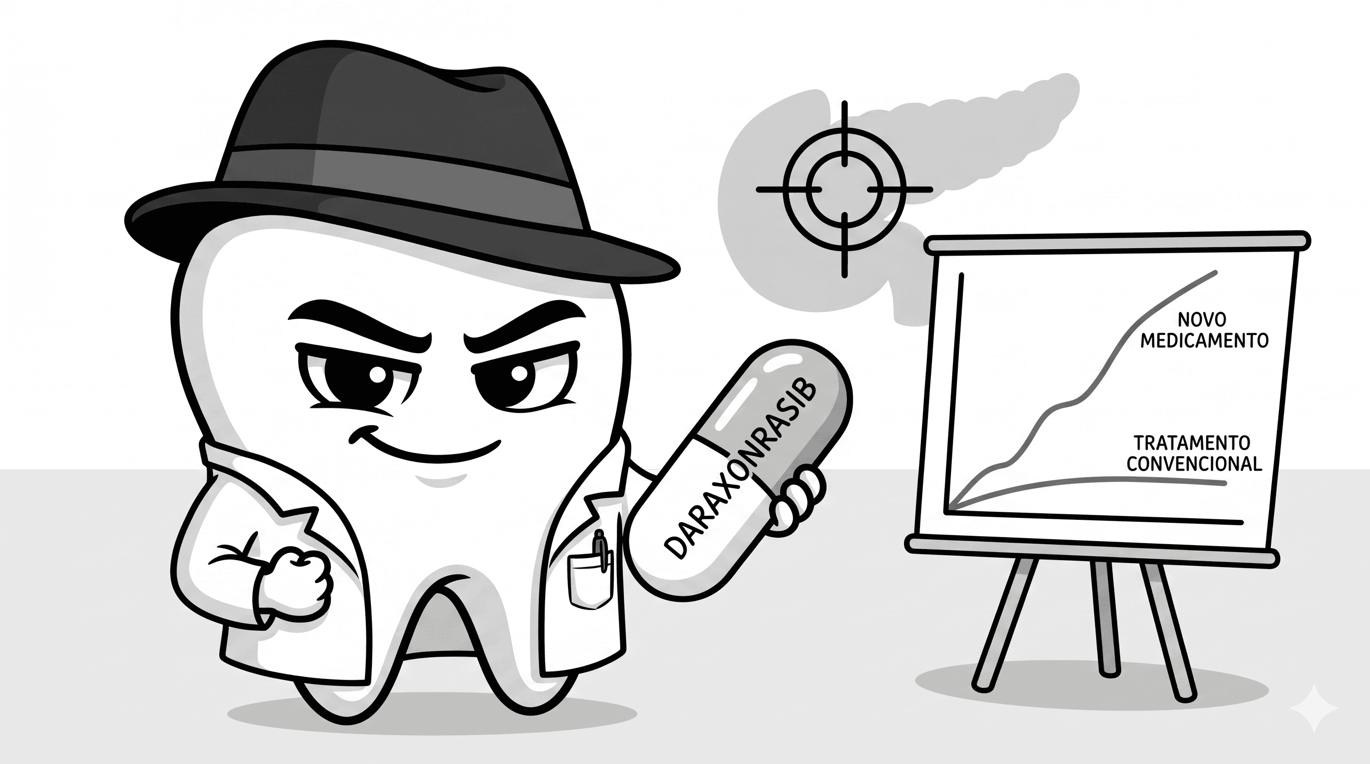 Mascote BlackOpero segurando comprimido com gráfico de sobrevida em estilo cartoon preto e branco