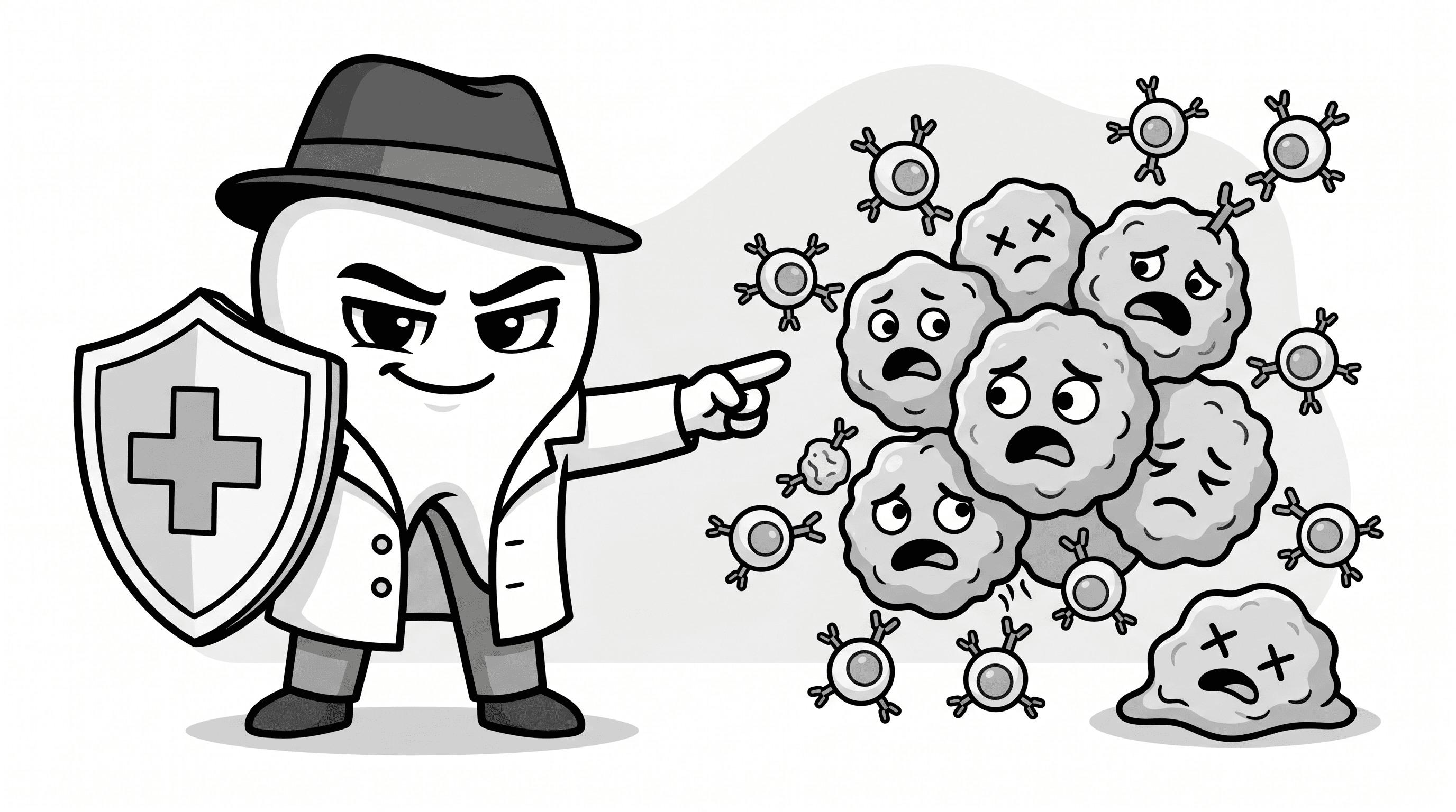 Mascote BlackOpero em laboratório de imunoterapia com células CAR-T em estilo cartoon preto e branco