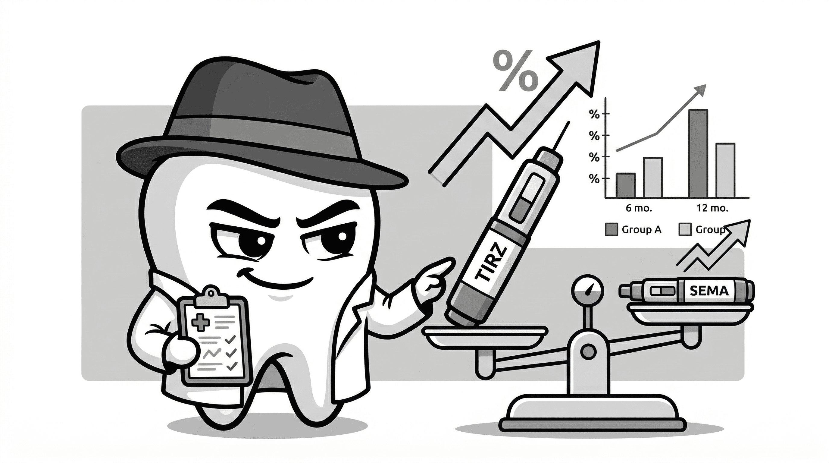 Mascote BlackOpero comparando dados de perda de peso com gráficos em estilo cartoon preto e branco