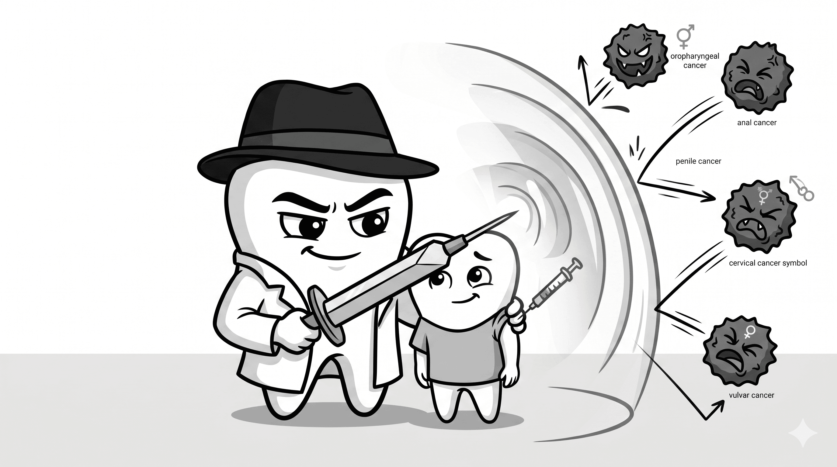 Mascote BlackOpero vacinando adolescente com escudo contra cânceres em estilo cartoon preto e branco